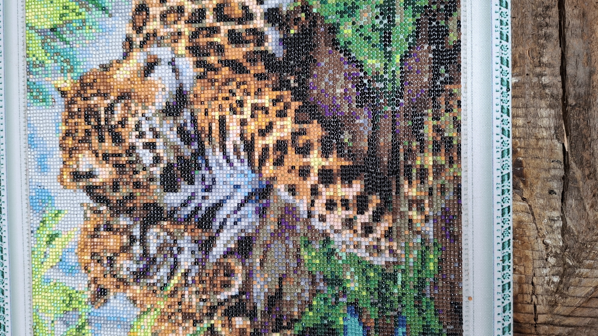 A close-up shows a diamond painting depicting a leopard. The leopard has a mottled brown and black coat. Patches of green, brown, and purple beads make up the background. The edge of the painting is visible, showing a white border with a green patterned trim. The painting rests against a weathered wooden surface. The location is Большой Букор, Russia.