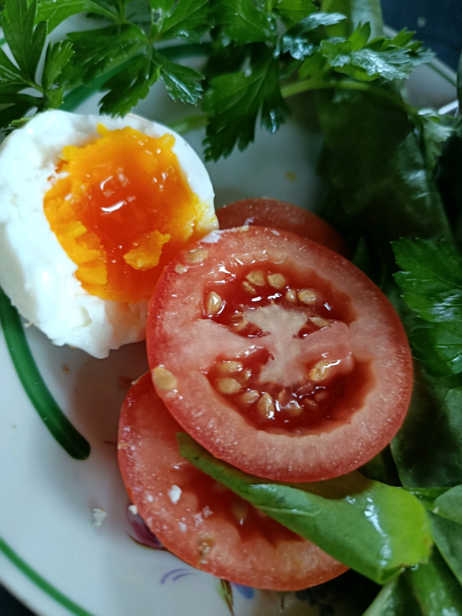 A close-up shot features a soft-boiled egg with a runny yolk, sliced tomatoes, and fresh greens on a plate. The egg is cut in half, revealing a vibrant orange yolk that has spilled slightly. Two slices of tomato, showing their seeds and juicy interior, are placed next to the egg. A portion of fresh greens, possibly spinach or parsley, fills the background and right side of the frame. The plate, with a green rim, is visible at the bottom and left edges.