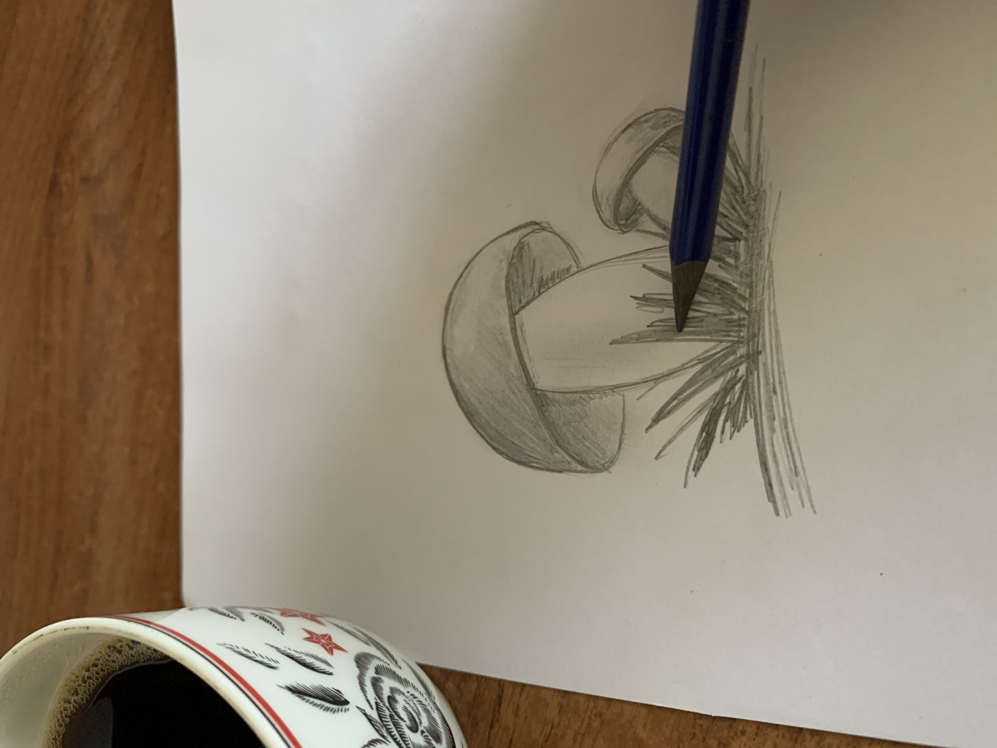 A pencil drawing of three mushrooms in grass is depicted on a white sheet of paper. A blue pencil is being used to add shading to the drawing. To the left of the drawing, a white mug with red and black decorative elements is filled with dark coffee. The objects are placed on a wooden surface. The image is taken from a high-angle shot, and the scene is illuminated by natural light. There is no indication of Kavalerovo, Russia in the image.