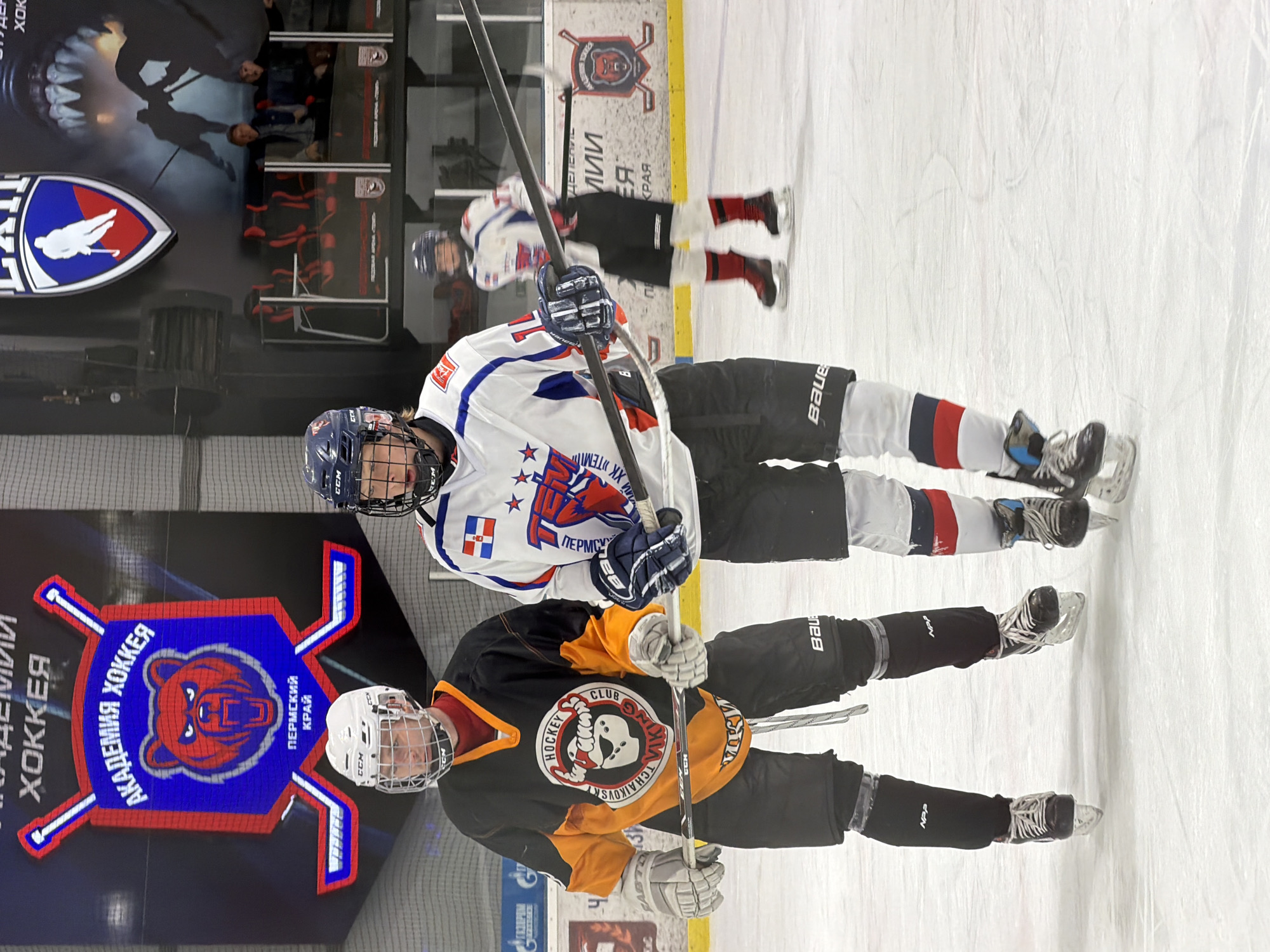 Two hockey players are on the ice rink. The player in the front is wearing a black and gold jersey with the logo of Viking Club Hockey and Chaikovsky written below it. The player in the back is wearing a white jersey with red and blue accents and the word Permsu. In the background, there are advertisements for Akademia Hockey and Gazprom. The scene takes place in the city of Chaikovsky, Russia.