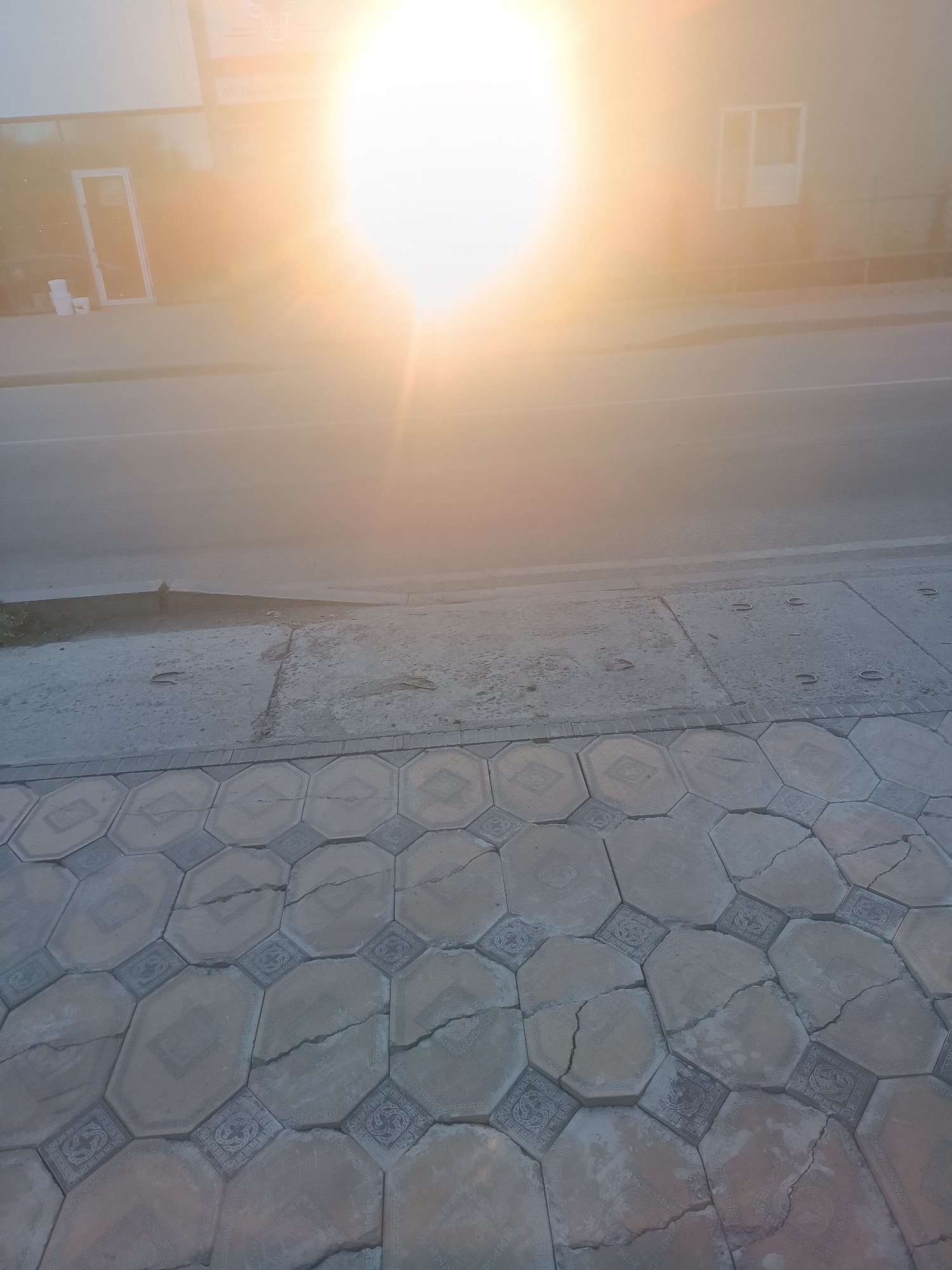 The image depicts a street scene in Novopavlovka, Kyrgyzstan, bathed in the intense glare of a bright sun, possibly at sunrise or sunset. The foreground is dominated by a patterned walkway made of interlocking hexagonal and square paving stones, some of which show visible cracks. Beyond the walkway, a concrete sidewalk is visible, and then a paved road. In the background, a building with a window and a doorway can be seen. The sunlight creates a strong lens flare, obscuring details in the upper portion of the image. There are no people or animals visible in the scene. The environment appears to be an urban or semi-urban setting, characterized by the road, sidewalk, and building.
