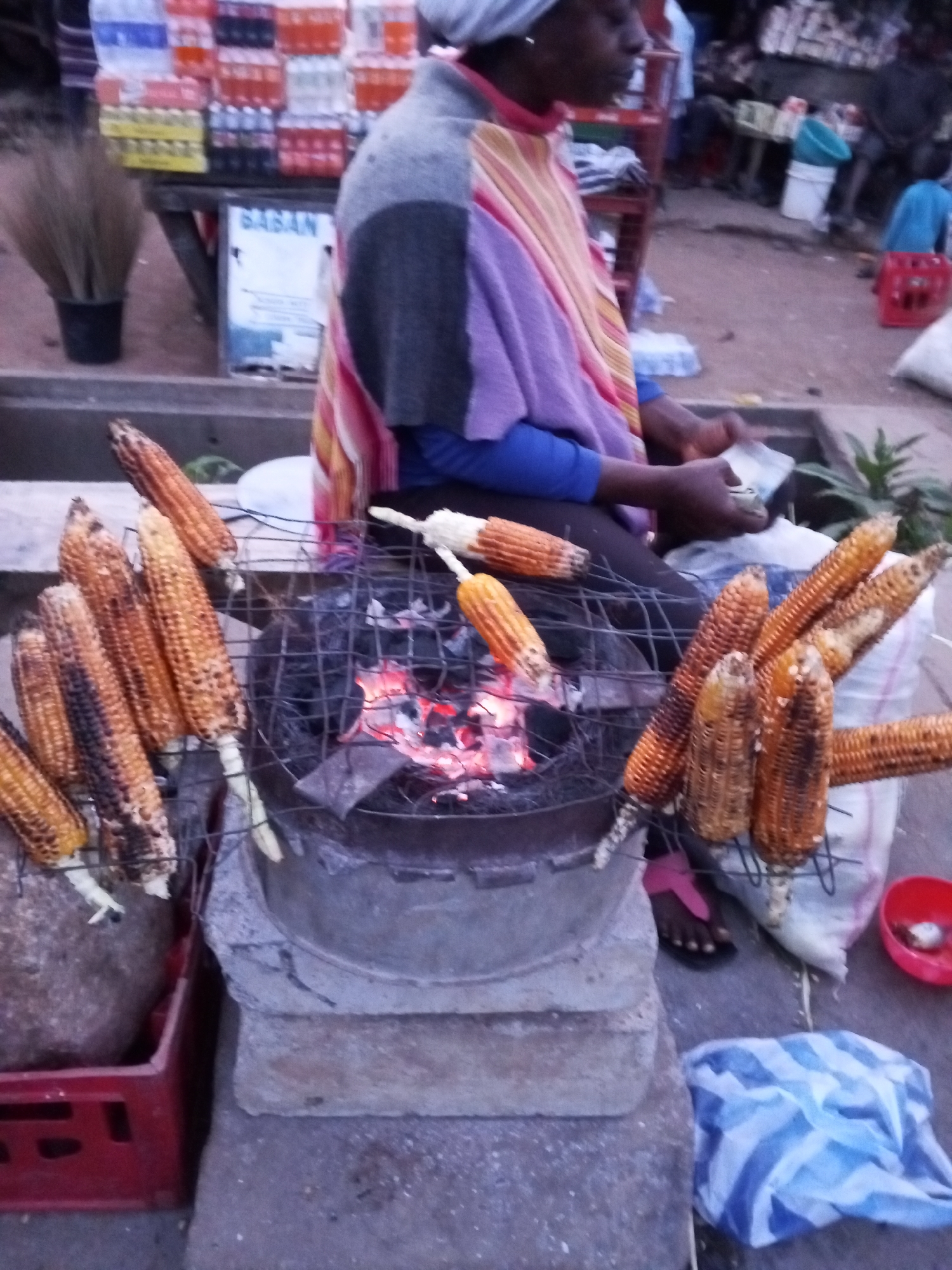 In an outdoor scene at ground level, a person is grilling corn on a charcoal brazier. The person, wearing a blue shirt and a colorful shawl, is holding some bills, possibly making a transaction. Several ears of corn are arranged on a wire rack above the hot coals, some showing char marks from the grilling process. Other ears of corn are displayed on a separate rack to the left, leaning against a large grey rock. A red crate is positioned to the left of the rock. In the background, shelves stocked with bottles and other items are visible, suggesting a market or roadside stall. The ground appears to be paved.
