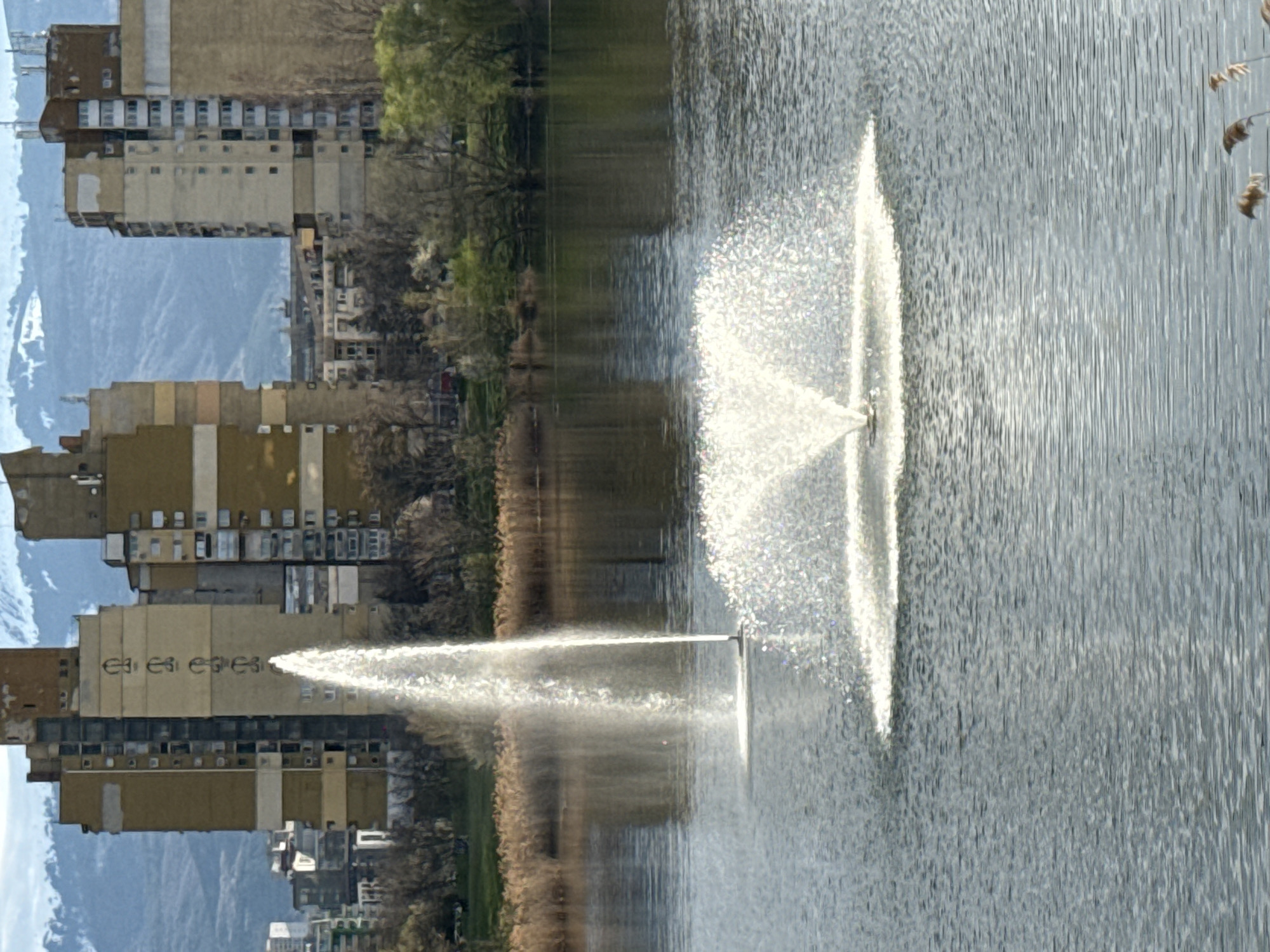 The image shows a lake with two fountains spraying water. On the left side of the lake are buildings and trees. In the background are mountains. The location is likely the city of Sofia, Bulgaria.