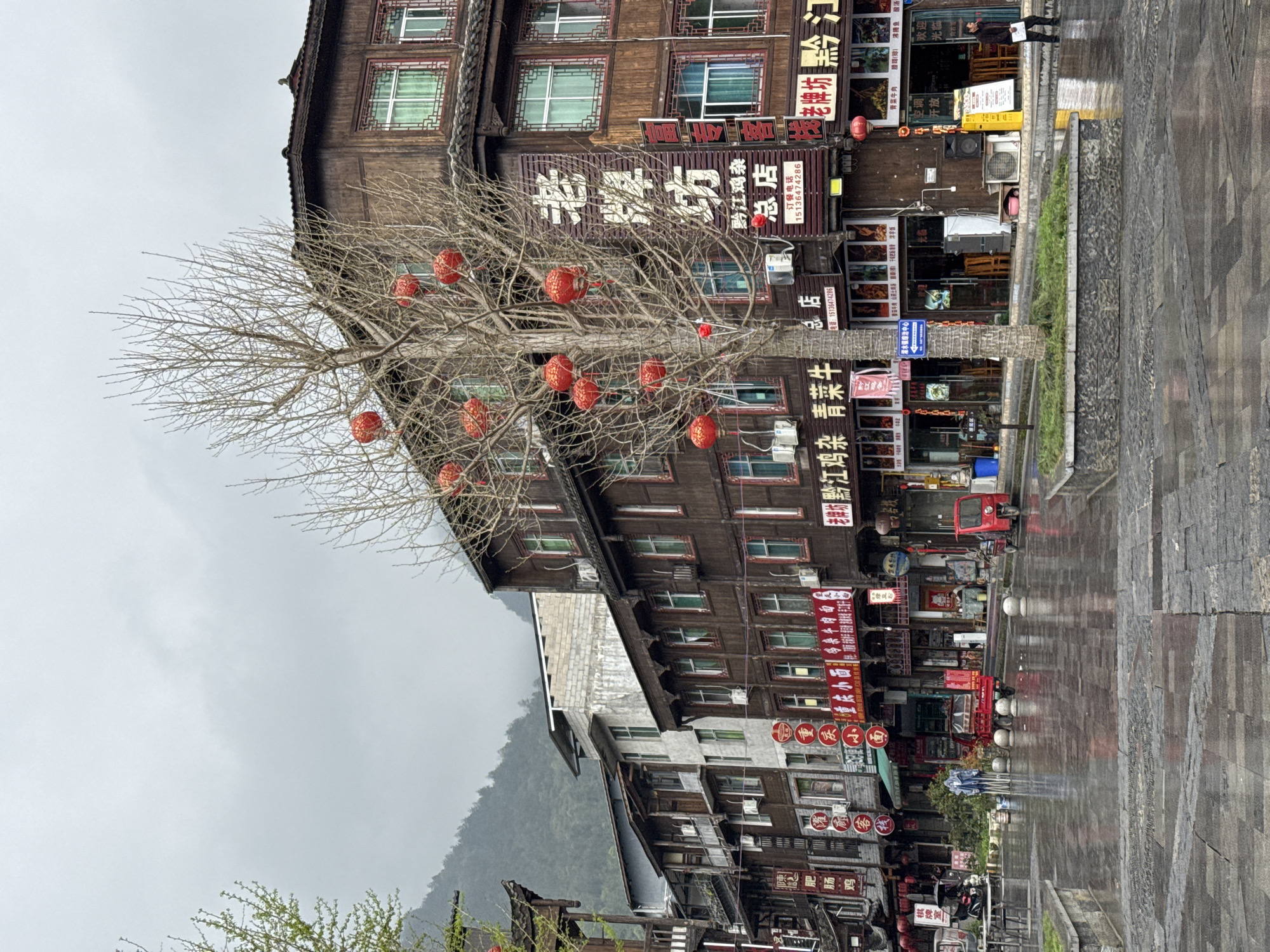 The image depicts a street scene in Zhuoshui, China, characterized by traditional wooden buildings and a wet, reflective cobblestone street. A bare tree in the foreground is decorated with multiple red lanterns, drawing the eye to the architecture behind it. The buildings are multi-storied with numerous windows, and signs in Chinese characters are prominently displayed, advertising local businesses and services, including restaurants specializing in local cuisine like "Qianjiang Chicken" and "Chongqing Noodles." Several red lanterns hang along the buildings, adding to the festive atmosphere.
The environment is overcast with a visible mountain range in the background, suggesting a somewhat rural or suburban setting within Zhuoshui. The wet street and sky indicate recent or ongoing rain. There is limited human activity visible; one person is partially visible in the distance, walking down the street. Some parked vehicles, including a red three-wheeled vehicle, are partially visible, as well.