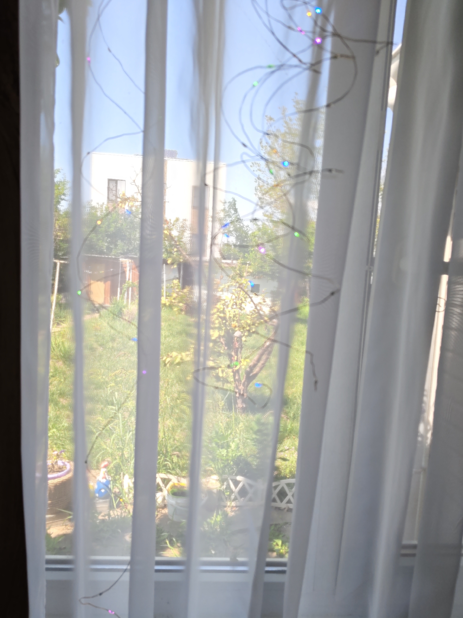The image shows a view through a sheer white curtain, decorated with a string of small, colored LED lights. The lights are in various colors, including pink, blue, yellow, and green. Outside the window, a garden scene is visible. There is a white building with a solar panel on its roof, some trees, and various garden elements like pots and a small structure. The overall lighting suggests it is daytime. The image is taken from inside a room looking out. The location of Rostov-on-Don, Russia, is not discernible from the visual information in the image.