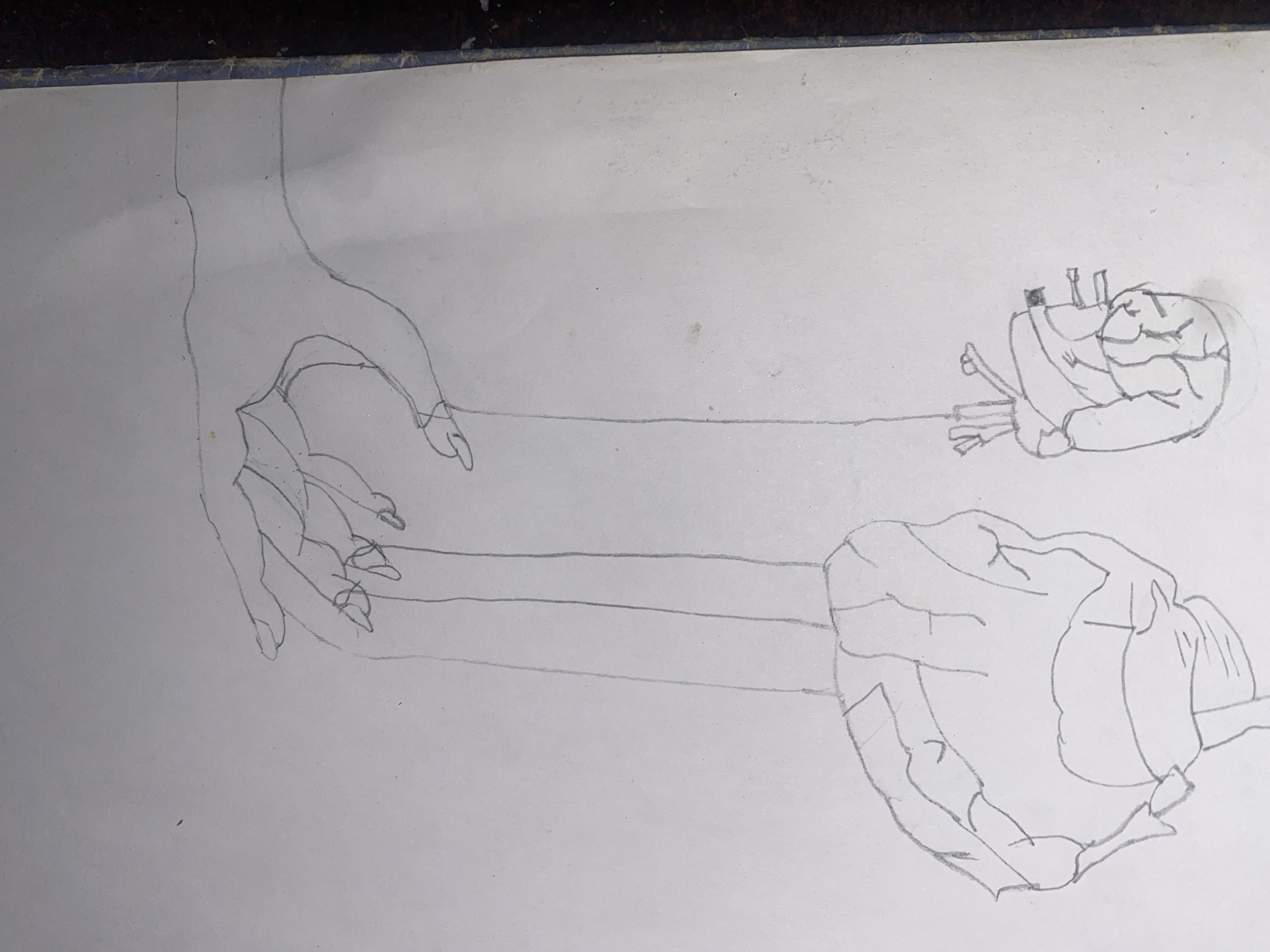 The image is a pencil drawing on white paper. It depicts two hands, each holding a different object.
The hand on the left side of the image is open, with fingers extended, and appears to be holding a shrunken head. A thin line connects the hand to the shrunken head on the upper right. The second hand, lower right, also appears to be holding a shrunken head. Thin lines connect the hands to the bodies.
The location is unknown. There is no indication that this picture was taken in the city of Rido, Nigeria.