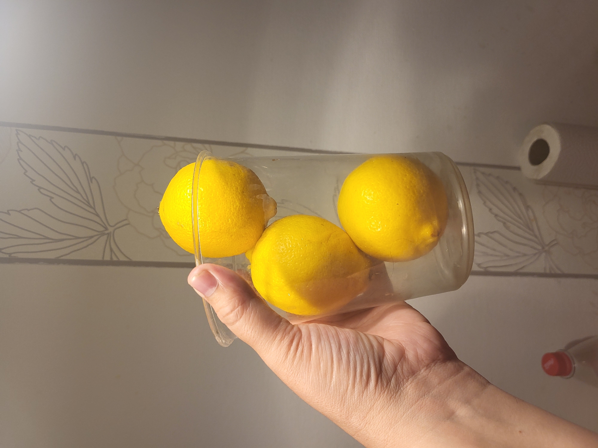 A person's hand holds a clear plastic cup containing three yellow lemons. The lemons are stacked vertically within the cup. The background consists of a wall with a subtle floral pattern and a roll of paper towels to the right. A red-capped bottle is partially visible in the lower left corner. The scene appears to be indoors. This image is not set in Pinneberg, Germany.