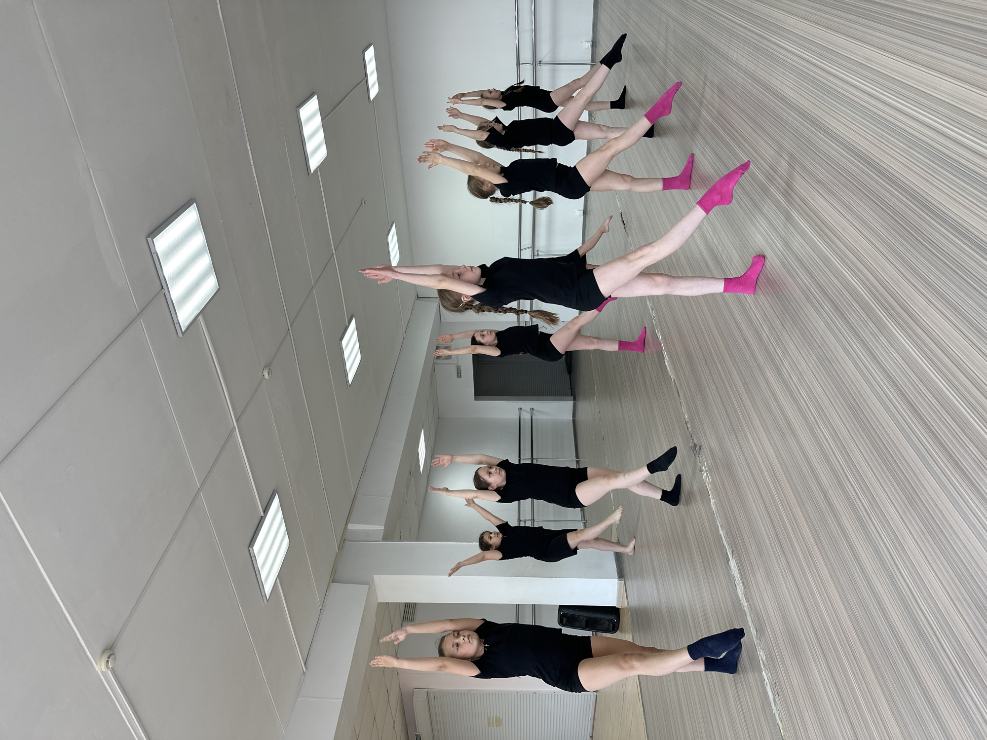 A dance class, comprised of seven individuals who all seem to be young, is conducting a ballet exercise. Each participant is clad in a black dance uniform and different colored socks. The scene is indoors, possibly in a studio or dance hall in Votkinsk, Russia, recognizable from a possible local landmark in the reflection on the mirror. The environment consists of a wall of mirrors, a flat tiled floor, and overhead fluorescent lights. All subjects are standing in a row, and are holding a T position with their arms fully extended.