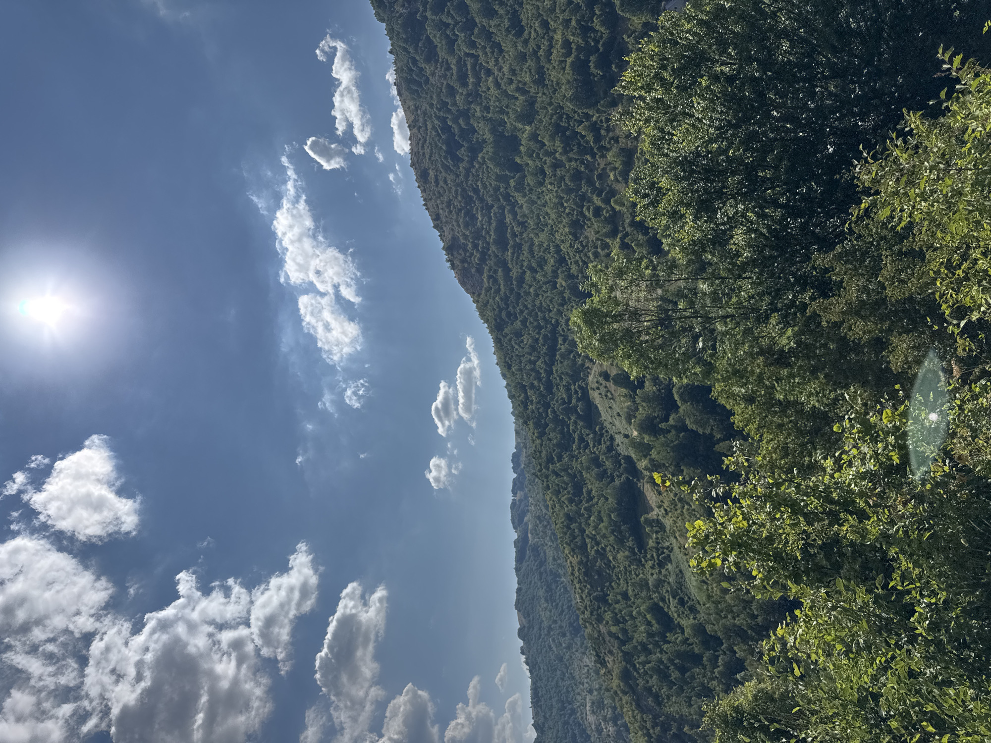 The image displays a sunlit, mountainous landscape under a blue sky with scattered white clouds. The foreground is dominated by lush green trees and foliage, suggesting a natural, possibly rural setting. In the midground and background, rolling hills covered in dense green trees extend into the distance, with a higher mountain peak visible on the right. The sun is bright and positioned in the upper left quadrant of the sky, casting a strong light and creating some lens flare. The overall impression is one of a vibrant, natural environment on a clear day.