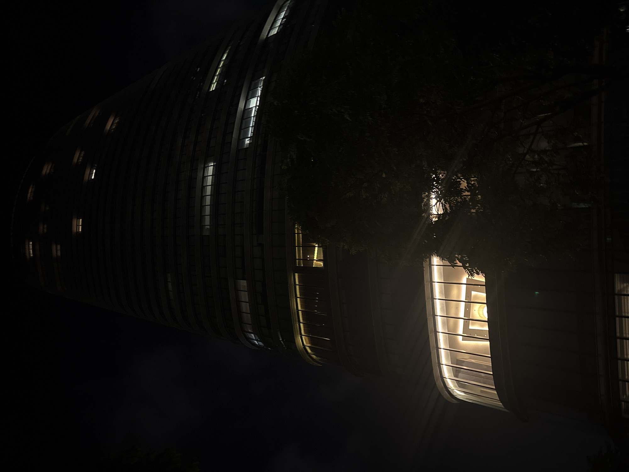 This is a nighttime, low-angle shot of a curved building with many windows. The building's facade is dark, with vertical elements that appear to be part of its structure or siding. Several windows are illuminated from within, casting warm light onto the exterior. The illumination suggests that the building is occupied or actively lit, despite the darkness of the night.
A large tree with dark foliage is positioned in front of a portion of the building, partially obscuring the view of some windows. The tree's branches and leaves create a stark contrast against the illuminated parts of the building. The overall scene is dark and moody, with the artificial light from the building being the primary source of illumination in the frame, apart from a faint glow reflecting off what might be a street or ground surface in the distance.
The image seems to have been taken in an urban setting, given the architectural style of the building. The presence of the tree suggests an outdoor environment, possibly a park, street, or courtyard adjacent to the building. The time of day is clearly night, indicated by the deep black sky and the illuminated windows. There is no visible text in the image. The composition, with its strong curves and shadows, creates a sense of depth and architectural drama. The location context provided is Haizhu District, China, which aligns with a contemporary urban landscape.