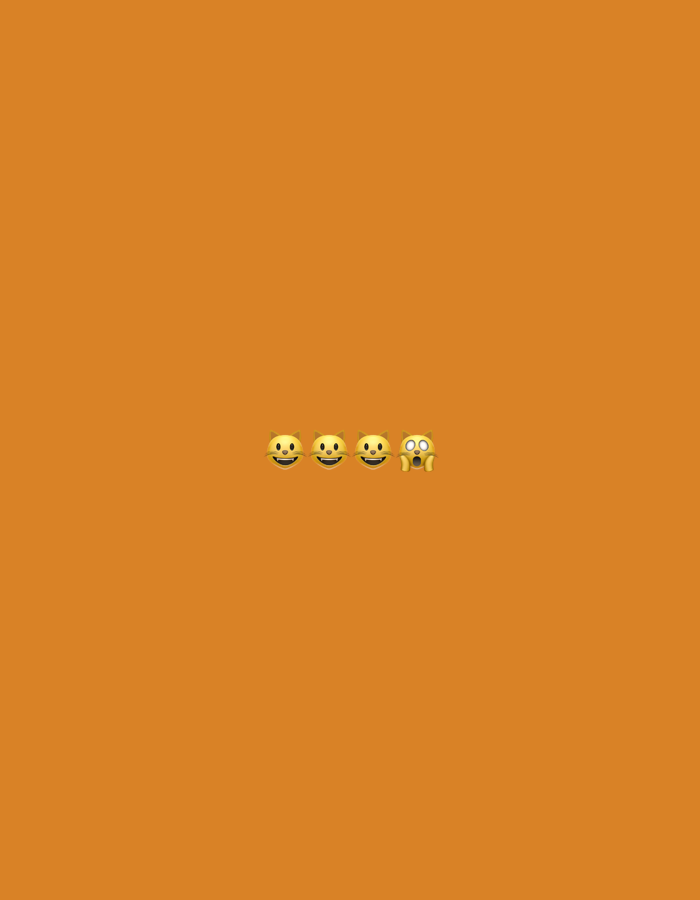 Four cartoonish yellow cat faces are displayed in a horizontal line against a solid orange background. The first three faces have wide smiles and closed eyes. The fourth face has wide eyes and an open mouth, appearing startled or surprised. The image is centered on the orange background.