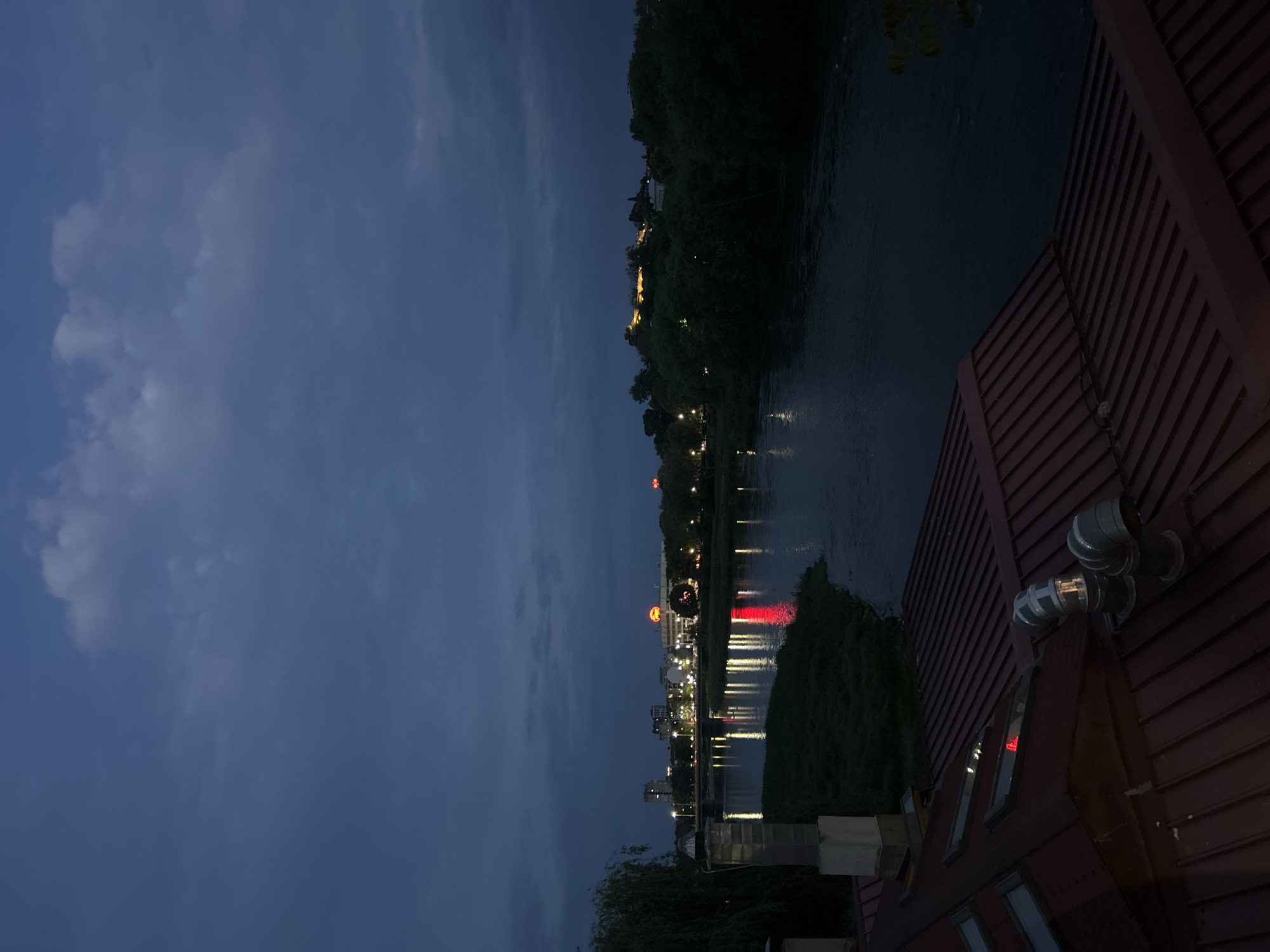 The image depicts a night scene in Plovdiv, Bulgaria, near the Maritsa River. The view is from an elevated position, likely a rooftop, looking towards the city's skyline. The Maritsa River reflects the lights of the city, which include streetlights, building lights, and a prominent illuminated sign (possibly a logo). The river's edge is lined with trees and vegetation. The sky is dark with visible clouds. In the foreground, there is a building with a red-tiled roof and ventilation pipes.