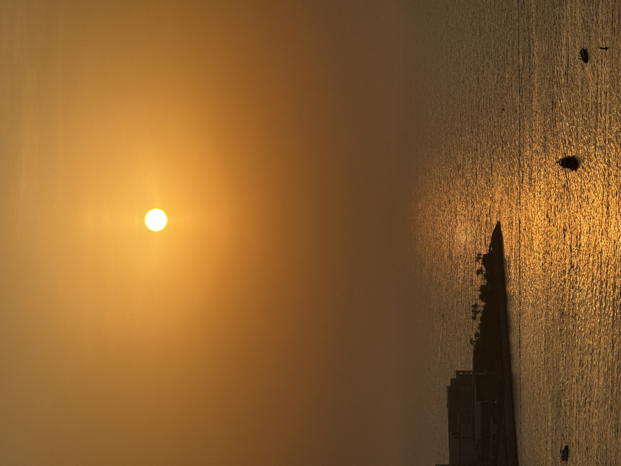 A vertical, medium shot captures the sunset over the sea in Dubai. The sun, a bright white orb, is positioned in the upper left quadrant, casting a golden-orange glow across the sky and water. The sea, reflecting the sun's light, shimmers with a textured, golden sheen. In the lower left of the frame, a dark, silhouetted landmass juts into the water. On this landmass, a multi-story building with dark windows is visible, along with a cluster of palm trees. Several small boats are scattered across the water, some appearing as dark specks, while others are more defined. The overall atmosphere is serene and warm, dominated by the intense colors of the setting sun.