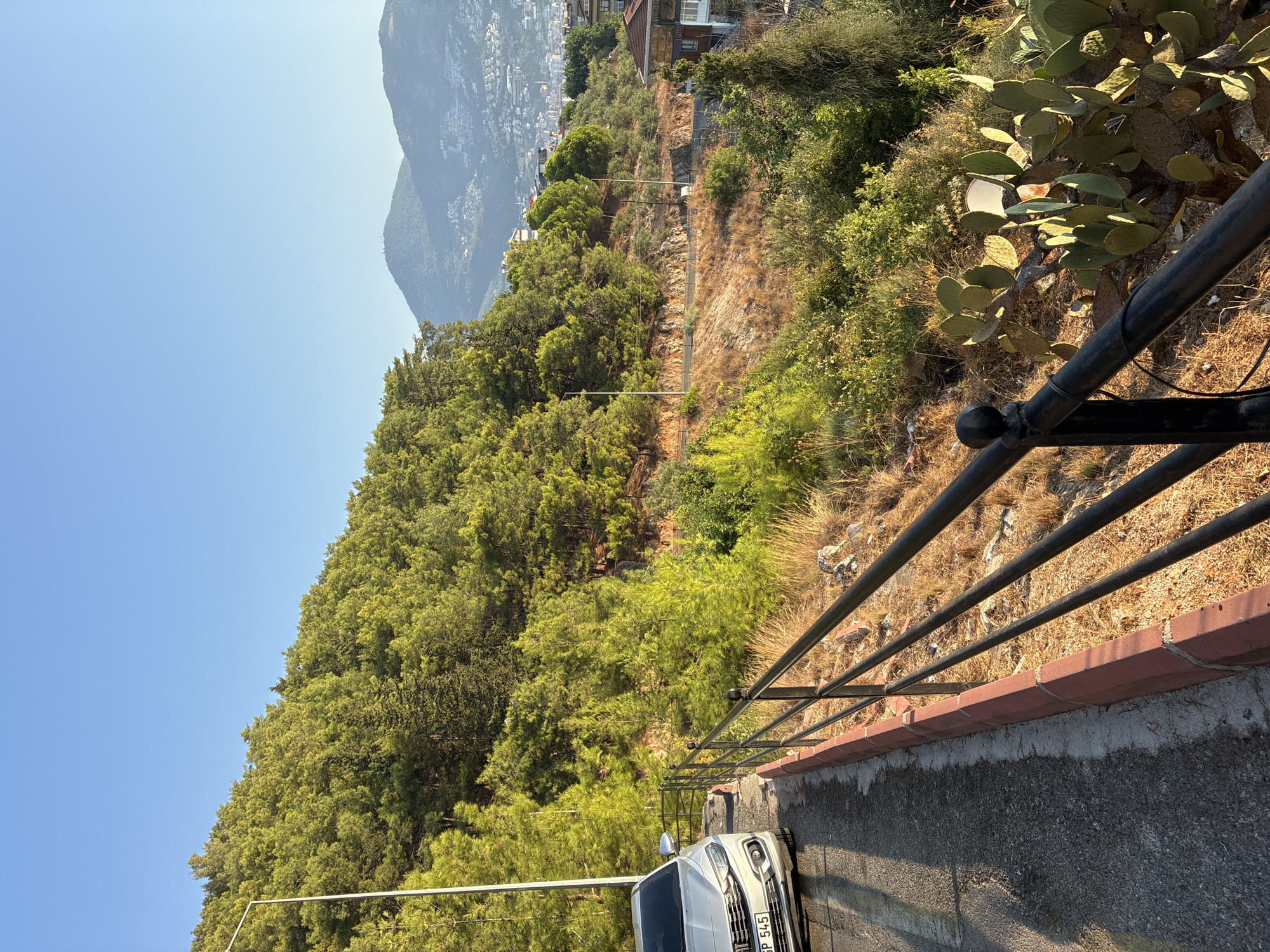 A silver Fiat parked on the left side of a paved road, its front facing away from the viewer, on a slight incline. A black metal fence runs parallel to the road, separating it from a steep, overgrown hillside. The hillside is covered in lush green trees and dry, brown brush, with scattered rocks and a few prickly pear cacti in the foreground. In the background, a city with buildings is visible nestled among rolling hills, with mountains rising in the distance under a clear blue sky. The sun is shining, casting shadows on the road and illuminating the vegetation. The overall scene depicts a scenic view of Alanya, Turkey, from a roadside vantage point.