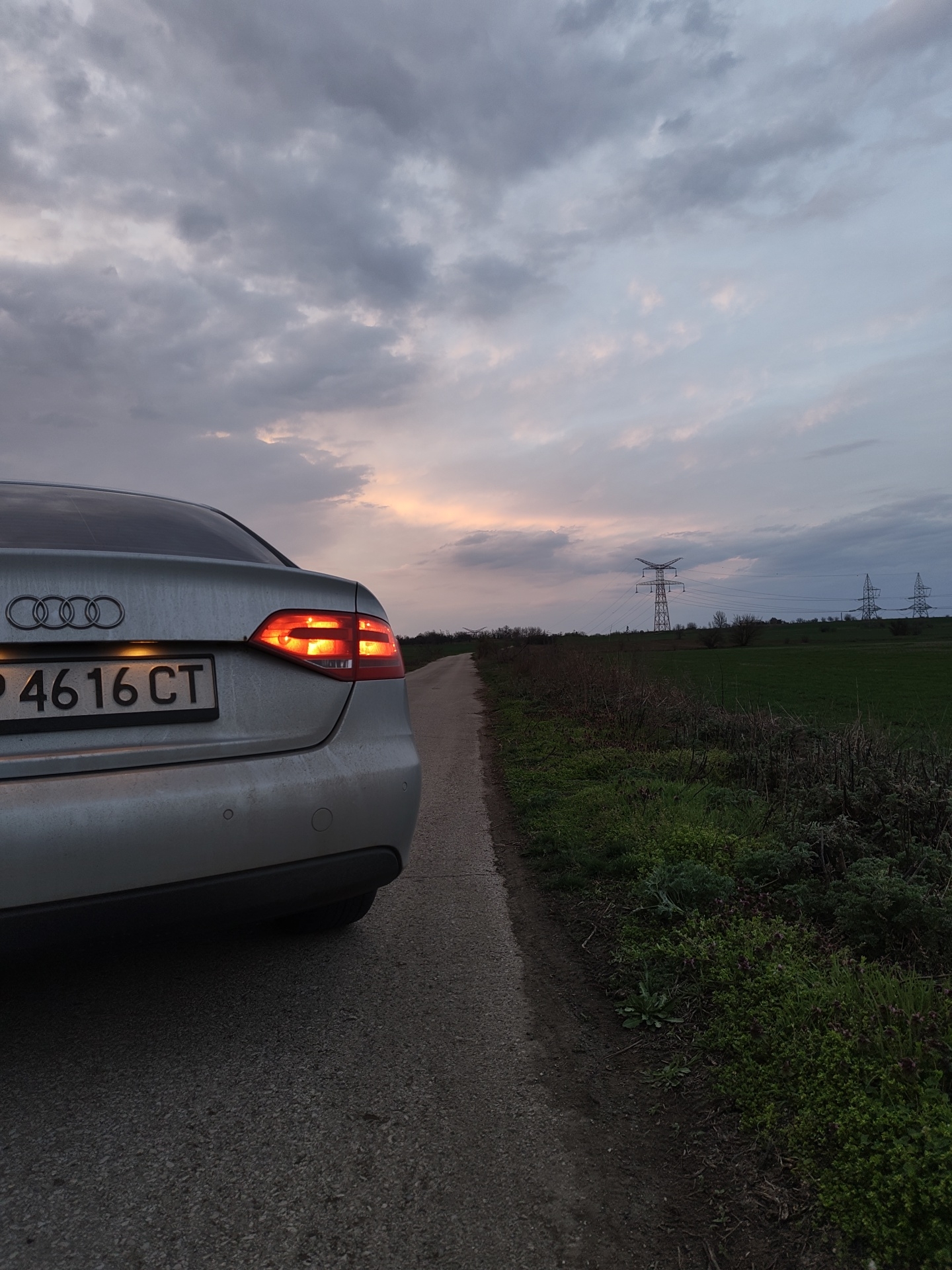 The image captures the rear quarter view of a silver Audi sedan positioned on the left side of a narrow, asphalt-paved road in Gorni Tsibar, Bulgaria, during twilight conditions. The vehicle's Bulgarian license plate, displaying "P 4616 CT", is clearly visible, with its frame partially obscuring the top of the 'P'. The Audi's red taillights are illuminated. To the immediate right of the road, a dirt shoulder transitions into dense, low-lying green vegetation and uncultivated scrubland. Beyond this vegetation, a large green field stretches into the distance. In the far background, multiple large metal electricity transmission towers (pylons) stand against the horizon, supporting power lines that traverse the landscape. The sky is predominantly covered with heavy, textured grey clouds, with a segment near the horizon exhibiting lighter hues and faint orange-pink tints, suggesting the setting sun or twilight glow. No individuals or specific actions are discernible within the frame.