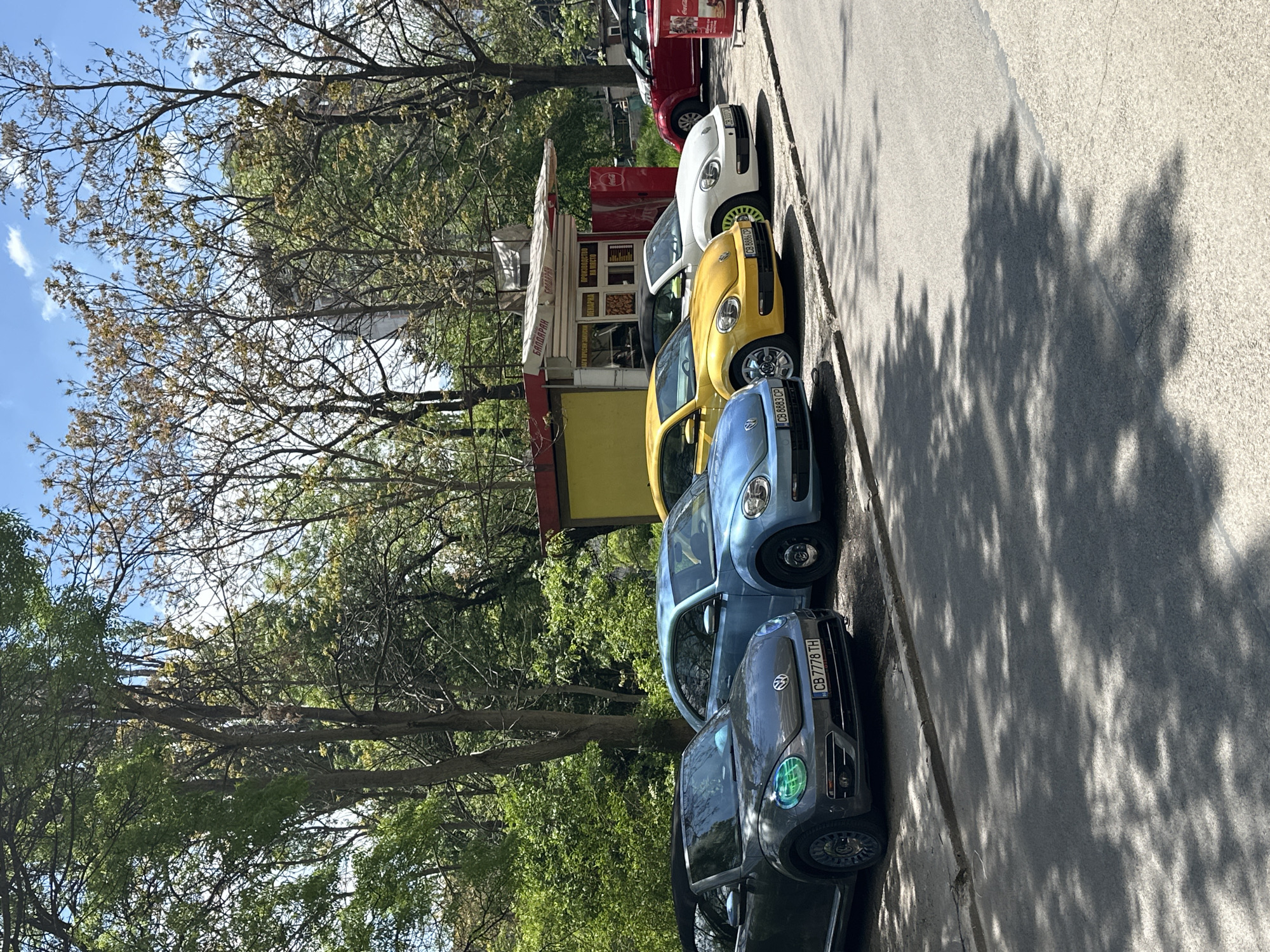 The image captures a street scene in Sofia, Bulgaria, featuring a row of parked Volkswagen Beetle cars in various colors, including black, blue, yellow, and white. Adjacent to the vehicles is a food kiosk or stand with a sign in Cyrillic that includes the word "БАЛДАРАН" and references to baking and local production. The license plates of the vehicles suggest they are registered in Sofia (CB prefix). Tall trees surround the street, casting shadows on the asphalt.