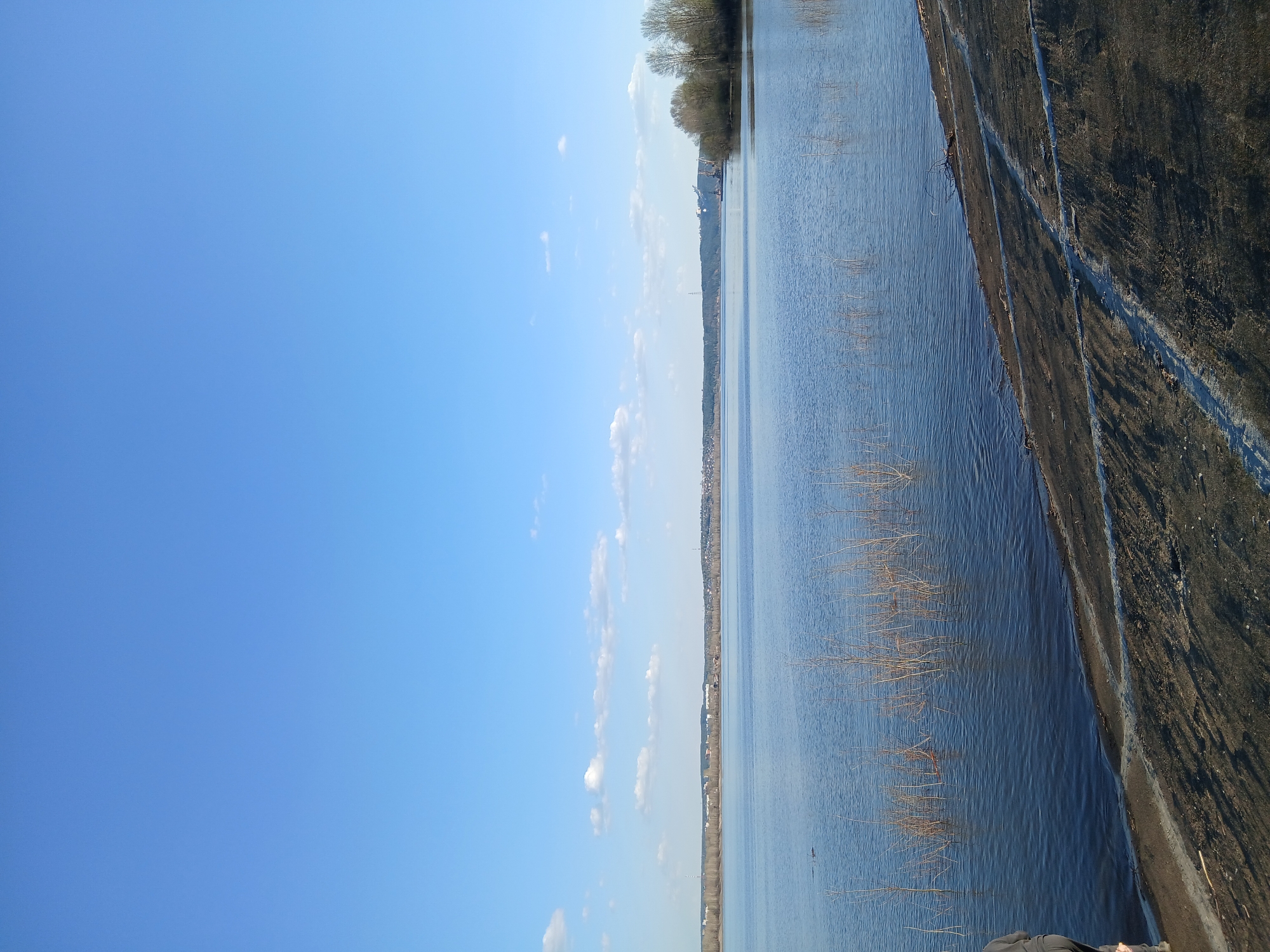 The image depicts a body of water, possibly a river or lake, with a shoreline on the right. The water surface shows ripples and reflections of the sky. Sparse vegetation is visible in the water near the shore. The shoreline is composed of dark soil or sediment. In the distance, a strip of land can be seen, featuring trees and some built structures. The sky occupies a significant portion of the frame on the left, displaying a clear blue color with scattered white clouds.
The city of Chaikovsky, Russia, is located on the banks of the Votkinsk Reservoir of the Kama River. The image is consistent with a location along this reservoir, given the presence of a large body of water and a shoreline. Without further details, the exact location within Chaikovsky is impossible to determine. No people, subjects, or interactions are visible in the provided image.