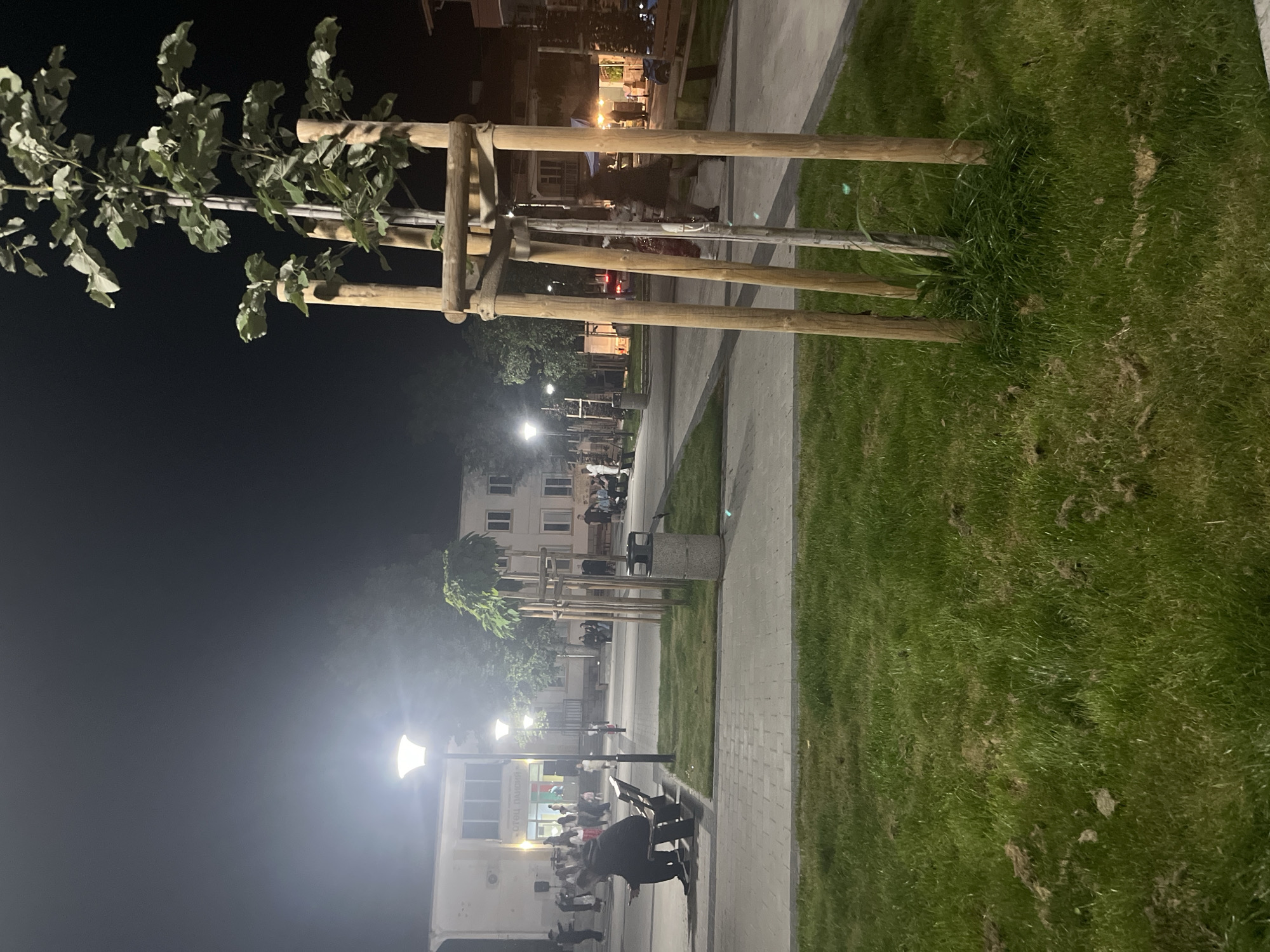 The scene is a nighttime view of a public space in Kornitsa, Bulgaria. A paved walkway is bordered by green grass on one side and young trees supported by wooden frames on the other. Further along the walkway, in the distance, are several people standing and sitting near buildings. Streetlights illuminate the area, and a few people are sitting on benches in the foreground. In the far background, additional buildings and lights are visible.