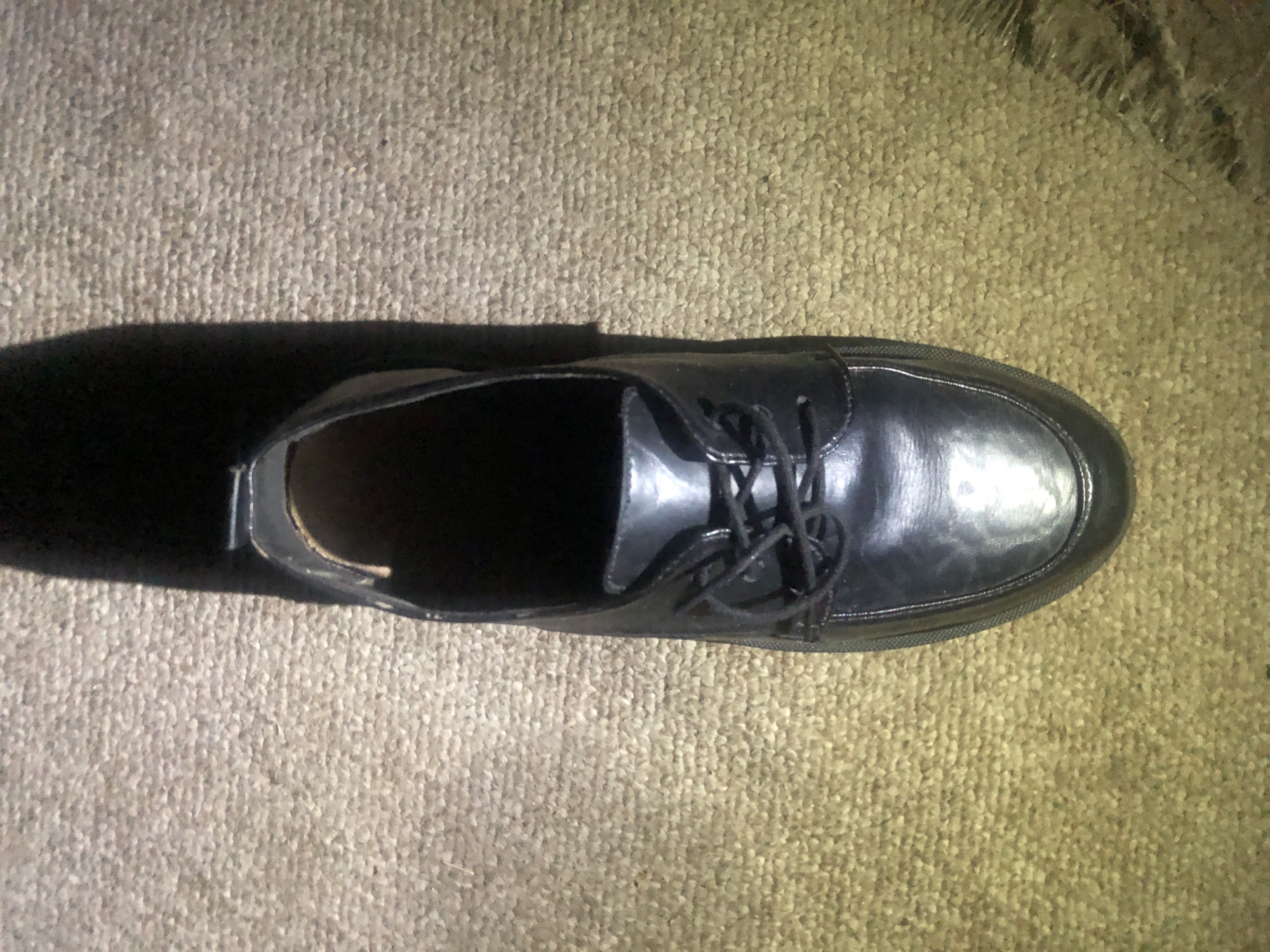 A single black, leather oxford shoe rests on a tan, textured carpet. The shoe is facing upwards and slightly to the left, with its laces tied. A shadow is cast behind the shoe, extending upwards and to the left. The image does not provide enough information to determine the location within the city of Jalingo, Nigeria.