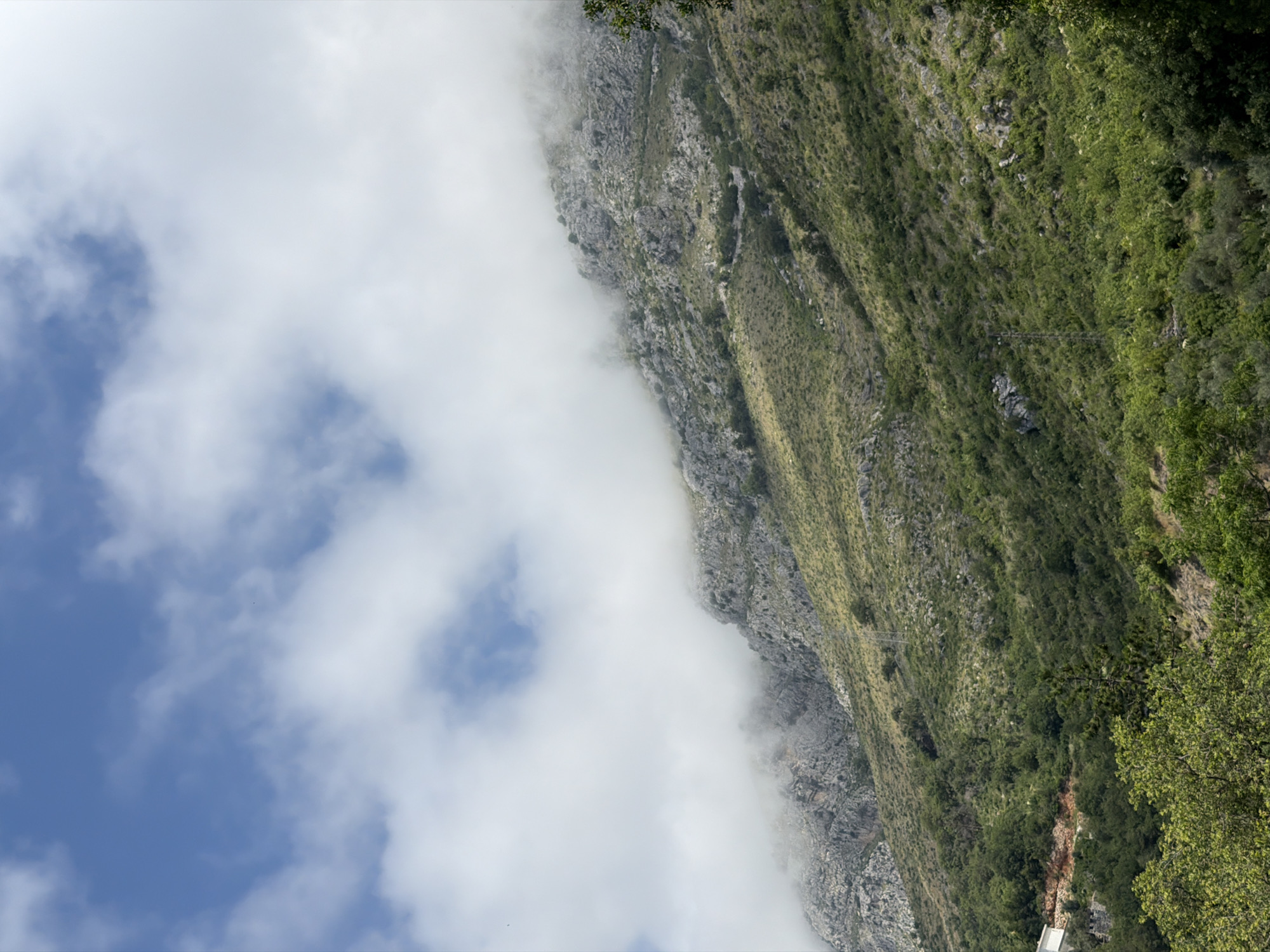 A mountainous landscape near Rijeka Reževići, Montenegro, is depicted under a partly cloudy sky. The terrain is rugged, with rocky outcrops and slopes covered in sparse vegetation and scattered trees. White clouds partially obscure the upper reaches of the mountains, creating a hazy effect. In the foreground, denser green foliage forms a contrast to the rocky slopes. A visible road winds along the mountainside, and a white building is partially visible on the left side of the image. Power lines and poles are also present on the slopes.