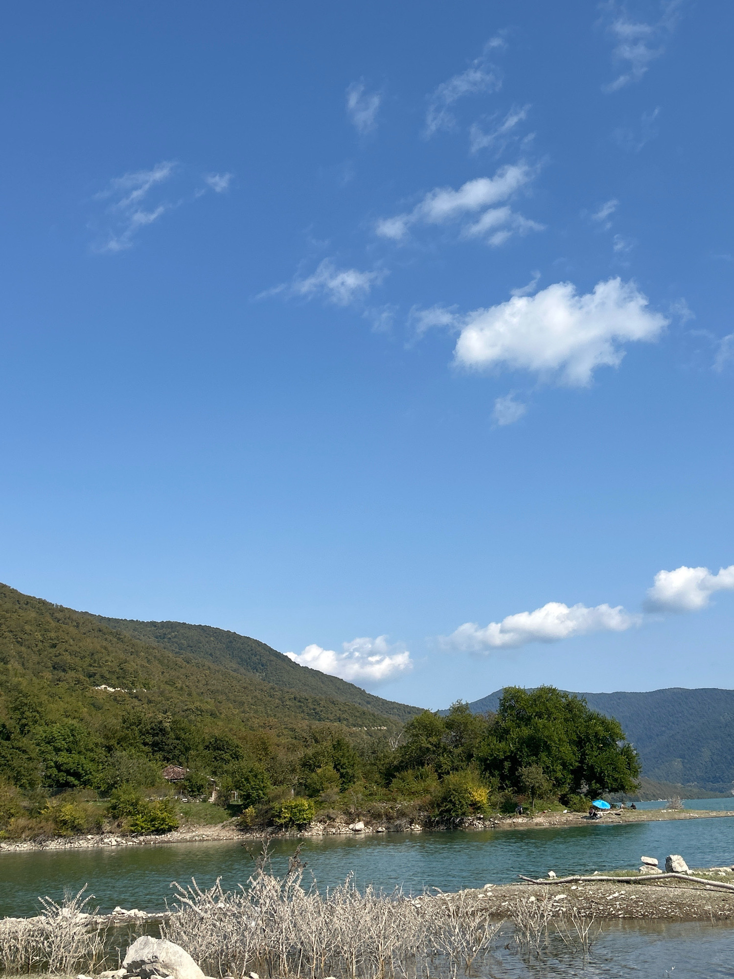 The image depicts a serene landscape of Pkhundavi, Georgia. A vast expanse of blue sky, sparsely dotted with white clouds, dominates the upper portion of the frame. Below, rolling green hills, densely covered with trees, form the backdrop. In the foreground, a tranquil body of water, likely a lake or reservoir, reflects the sky. Along the water's edge, dry vegetation and scattered rocks create a natural shoreline. On a small peninsula jutting into the water, several people are gathered under a large tree, with a bright blue umbrella providing shade. One individual appears to be seated, while others are milling about, suggesting a leisurely outing. The overall scene evokes a sense of peace and natural beauty.