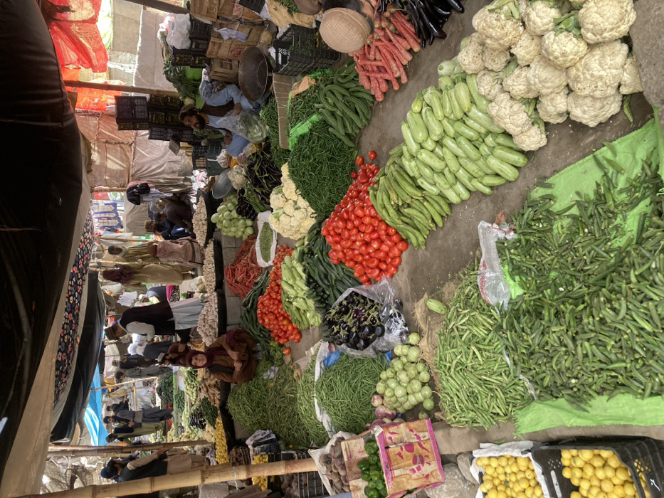 An open-air vegetable market is depicted in Quetta City Tehsil, Pakistan. The scene features numerous fresh vegetables displayed directly on a concrete or packed earth ground, often on green tarpaulins. Prominent produce piles include bright red tomatoes, various types of green beans, okra, light green zucchini or marrow, white cauliflower heads, dark purple eggplants, green cucumbers, orange carrots, green bell peppers, white garlic bulbs, and yellow lemons or limes in black crates.
The market operates under a makeshift canopy constructed from dark tarpaulin, patterned fabric, and red textiles, supported by wooden poles. Approximately 10-15 individuals are visible. In the foreground-midground, a person, potentially a young female, in brown traditional attire and a headscarf, crouches among the vegetables, facing the camera. On the right, a bearded male vendor wearing a light blue shalwar kameez and a dark vest sits cross-legged, surrounded by his goods, looking upwards. Other adult males, dressed in traditional Pakistani clothing including shalwar kameez, vests, and various head coverings, populate the background, either standing, walking, or attending to stalls. Stacked black plastic crates and wooden crates are present, along with a woven basket on the right side. The overall environment is a bustling commercial area with diffused daylight.