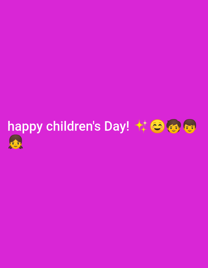 The image is a purple background with the text "happy children's Day!" followed by a sparkling stars emoji, a smiling face emoji, and two boy face emojis, and a girl face emoji. The image does not depict a location in Sabon Tasha, Nigeria, or contain information relating to the city or area.