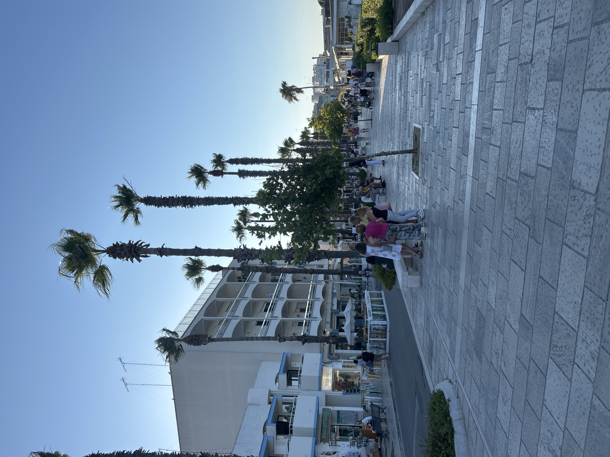 The image shows a pedestrian promenade in Otranto, Italy, lined with palm trees and buildings. The promenade is paved with large, light-colored stone tiles. On the left side of the promenade, there are shops and a multi-story building with balconies. Several people are walking and sitting on benches along the promenade. On the right side, there are more buildings, some with awnings and outdoor seating areas. The sky is clear and blue. The scene appears to be from late afternoon or early evening, given the lighting.