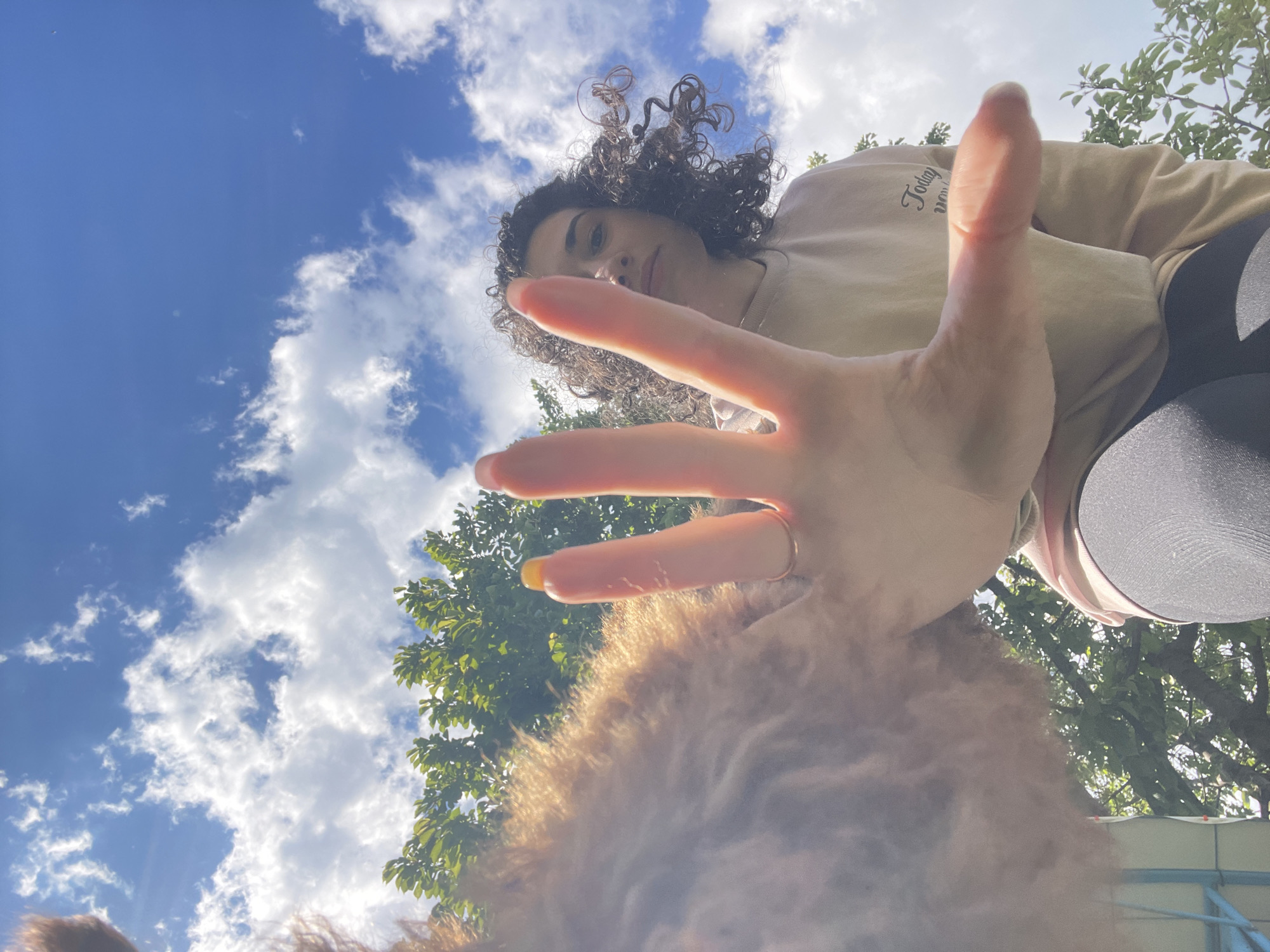 A low-angle shot shows a woman looking down at the camera, with her hand outstretched towards the lens. She has curly dark hair and is wearing a beige sweatshirt. Below her hand is a dog with brown, curly fur. The background consists of a blue sky with white clouds, and green trees.
It is not possible to determine the specific location of the image in Sofia, Bulgaria.