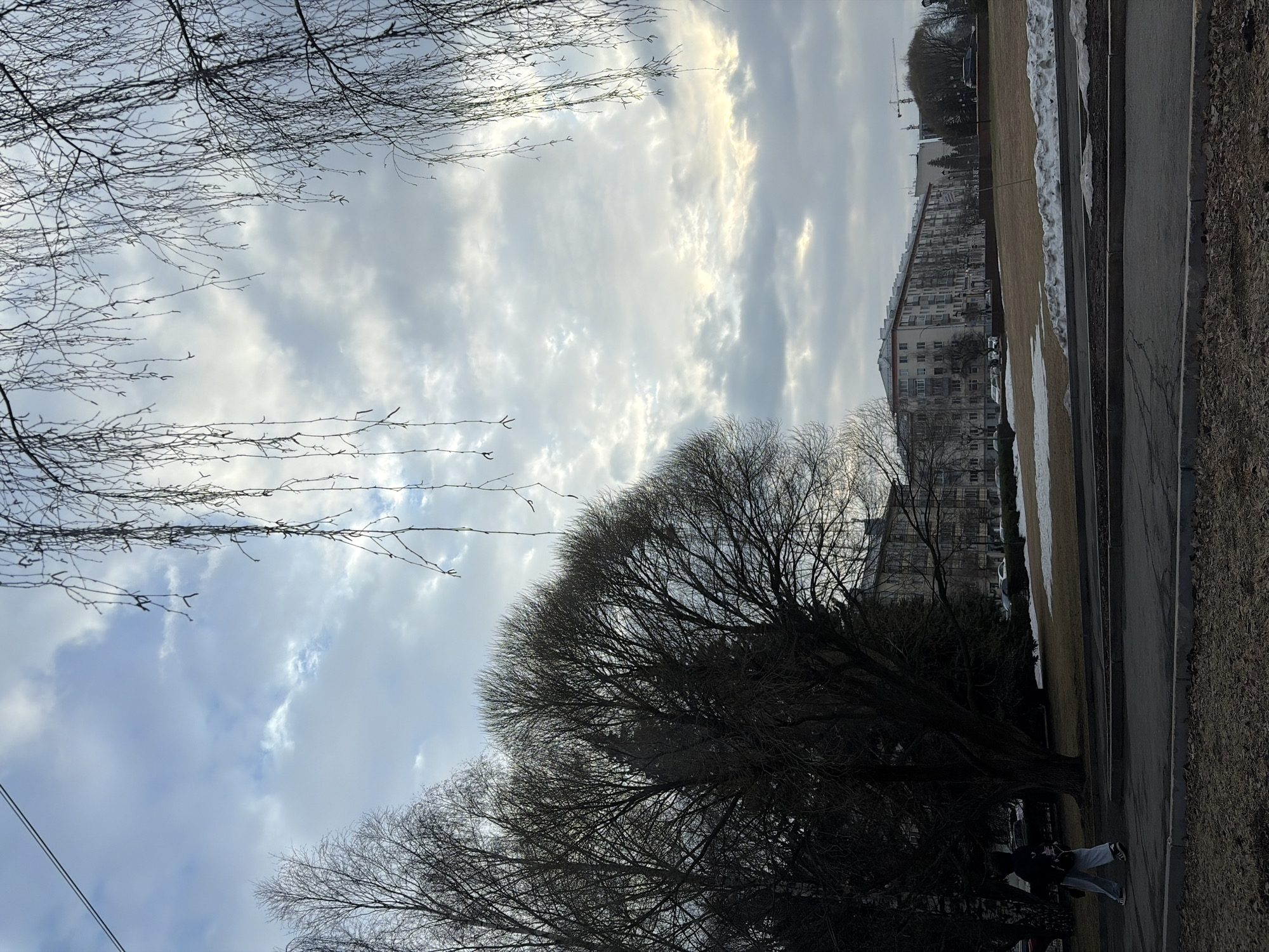 The image shows a cloudy sky framed by bare tree branches in Izhevsk, Russia. A building is visible in the background, along with a patch of ground with some remaining snow. A paved path or road is also visible. A person can be seen walking below.