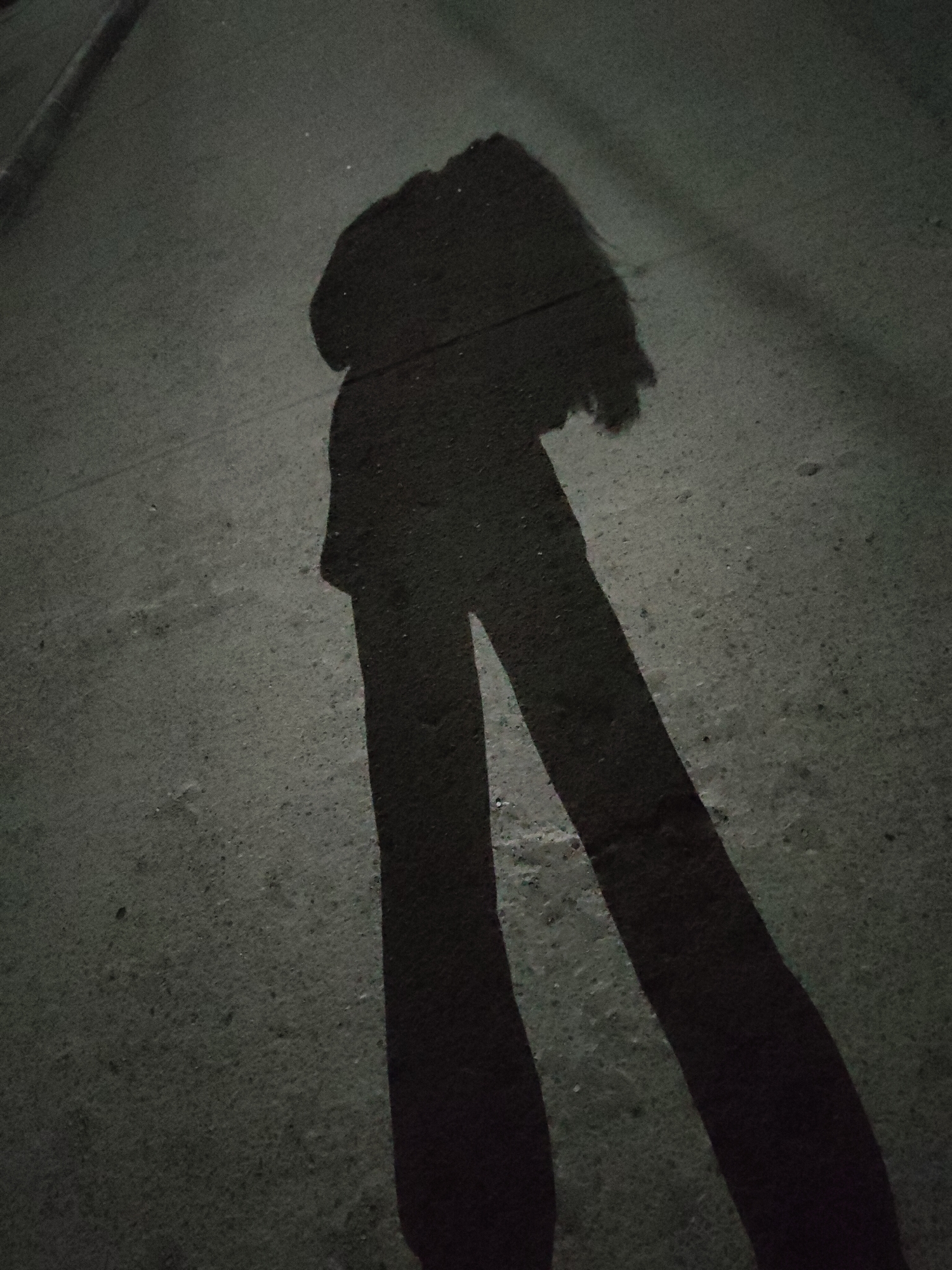 The image shows a shadow on a paved surface. The shadow is of a person. The shadow is elongated and distorted, suggesting that the light source is low to the ground. The location appears to be an urban environment, with a concrete or asphalt surface. The overall lighting condition is dim.