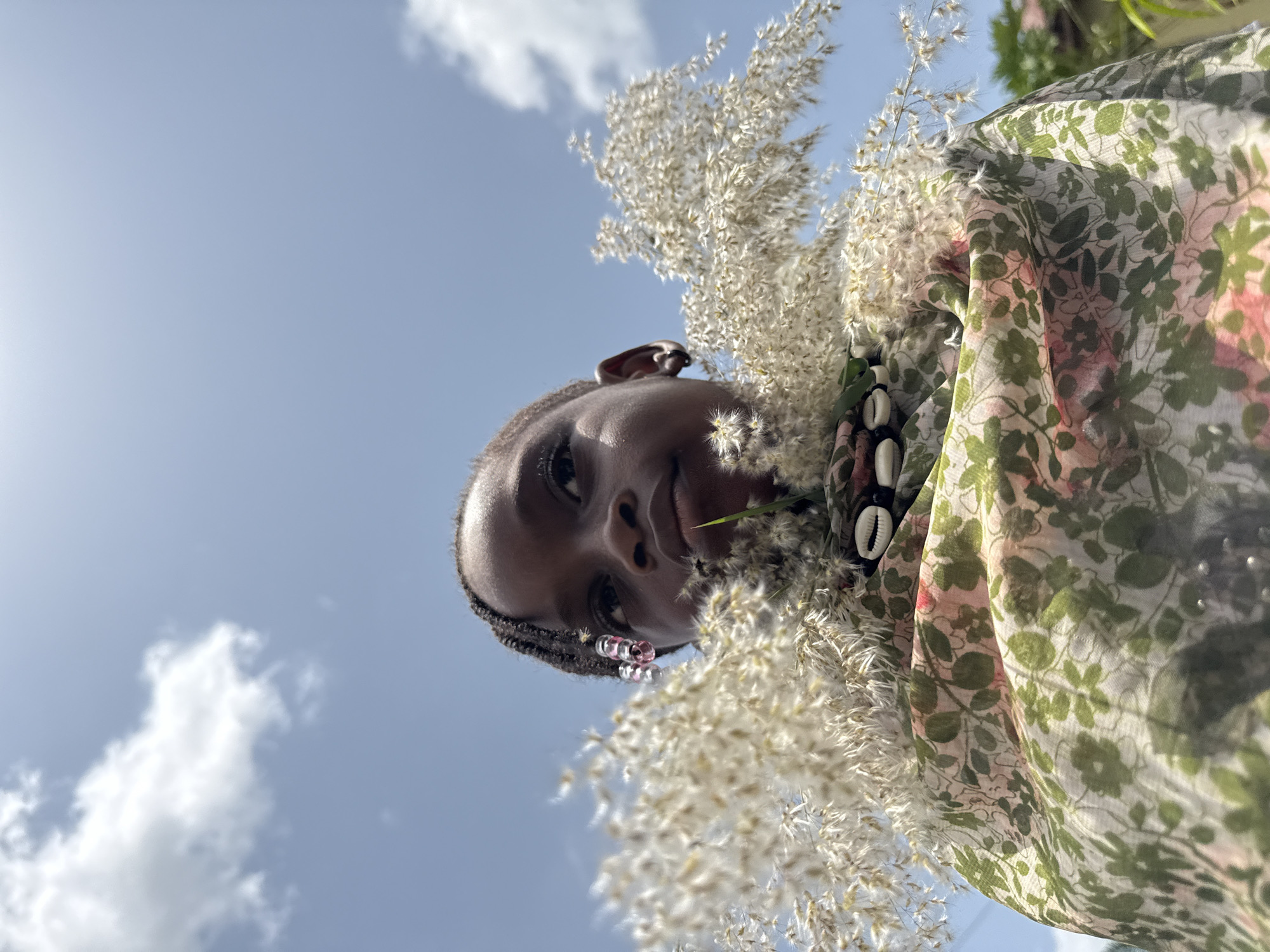 A low-angle shot captures a person with dark skin, their face framed by a blue sky with scattered white clouds. The person's hair is styled in braids, adorned with pink and clear beads. A floral-patterned, semi-transparent garment drapes over their shoulder, next to a string of white and black cowrie shells. The person is holding a bundle of fluffy, white grass-like plants close to their face. Considering the sky and presence of native plants, the location is likely Ado, Nigeria, but without distinct landmarks, pinpointing a specific spot is impossible. The person is interacting with the natural environment by holding the plants, possibly engaging in a portrait or artistic endeavor.