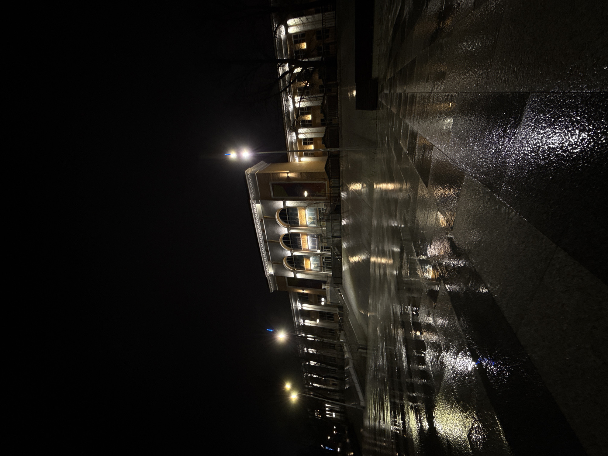 The image captures a serene nighttime street scene in Perm, Russia. A large, ornate building with classical architectural features, including prominent arched windows and columns, dominates the left side of the frame. The building's facade is illuminated by warm-toned lights, highlighting its details, while interior lights glow through several windows. Bare tree branches are visible against the upper part of the building.
The right side and foreground are dominated by a wide, wet paved area or plaza, which highly reflects the numerous streetlights and the building's illumination. The reflections create shimmering streaks of light on the dark, damp surface, suggesting recent rain or a damp environment. Several bright streetlights with a distinct, slightly bluish-white glow punctuate the scene, casting their light across the wet ground.
The time of day is clearly night, characterized by the dark sky and artificial lighting. The wet ground is a notable weather detail, contributing to the atmospheric quality of the scene. The overall mood is quiet and still, with no people or discernible activities taking place. No visible text is present in the image.