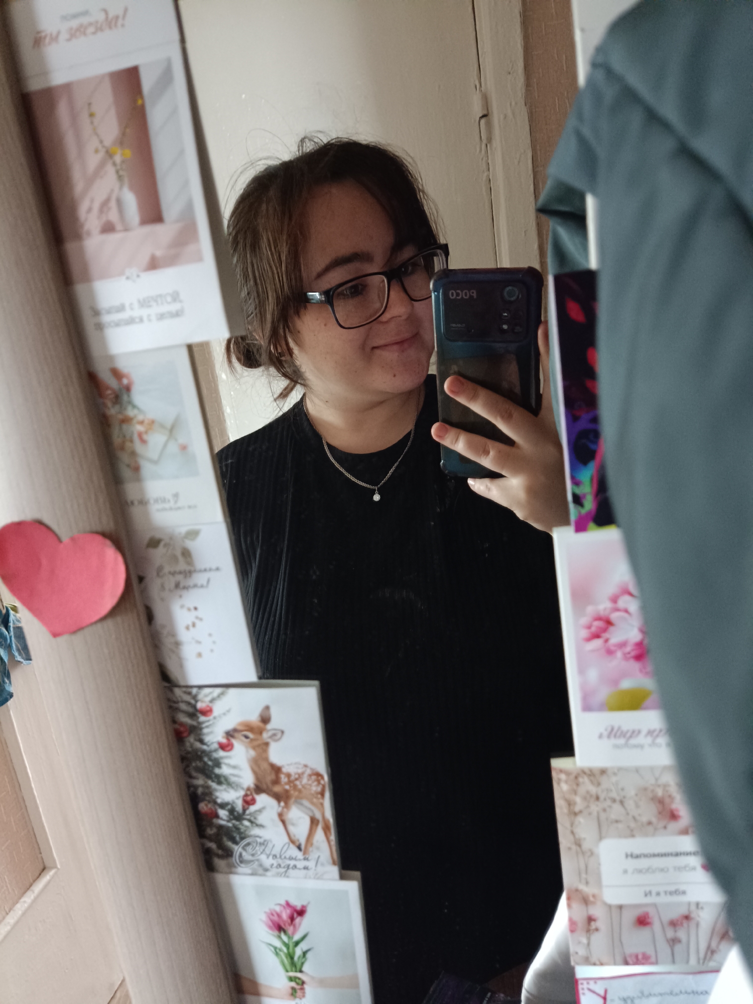 A woman with glasses is taking a selfie in a mirror. The phone in her hand partially covers her face. She is wearing a black shirt and a necklace with a small pendant. The mirror is attached to a door or a cabinet and has several cards and a heart-shaped magnet attached to it. The cards display images of flowers, a deer next to a Christmas tree, and a text in Russian. The reflection shows a room with light-colored walls. A green jacket is also visible on the right side of the mirror, partially obscuring the view. According to the text in the mirror, the location is in the city of Посад, Russia.