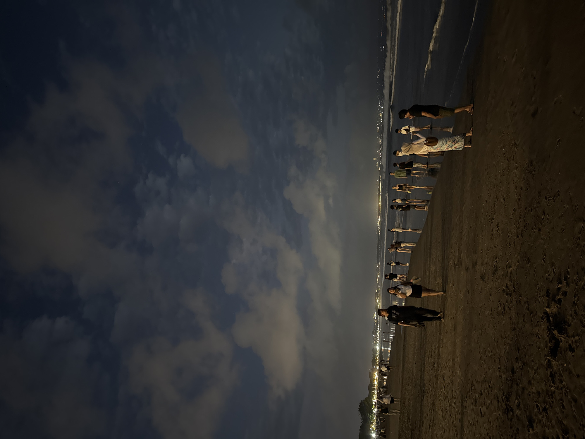A nighttime scene unfolds on the sandy shore of Kuta Beach in Bali, Indonesia. The sky above is a canvas of dark blue, streaked with luminous, textured clouds that are illuminated by unseen light sources, possibly the moon or distant city lights. The ocean gently laps the shoreline, with small waves reflecting the ambient light. A distant cityscape, a blur of lights, lines the horizon, suggesting the urban presence of Kuta.
On the beach, a diverse group of people are scattered, some walking, others standing and conversing. In the foreground, a couple is walking towards the viewer; the male, wearing a black t-shirt and shorts, is looking ahead, while the female, in a white top and dark shorts, is looking towards him. Further down the beach, a group of individuals are gathered near the water's edge. Another couple is engaged in conversation, a female in a flowing floral dress and headscarf facing a male in a dark t-shirt and shorts. People are dressed in casual attire, suitable for a beach environment. The sand is dark and damp near the water, showing footprints and scattered debris. The overall atmosphere is tranquil, with a sense of people enjoying the evening at the popular beach.