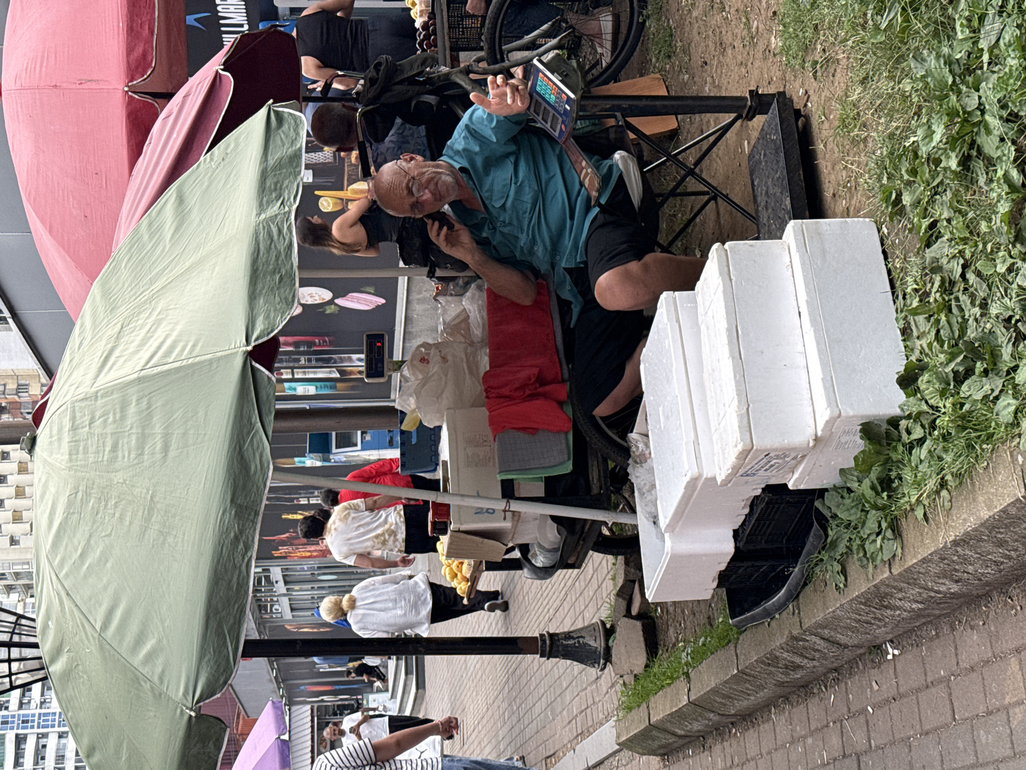 A man in a teal button-up shirt and black shorts is sitting on a folding chair under a green umbrella, speaking on a cell phone. He is looking at a scale with a keypad. In front of him, on the ground, are three white styrofoam containers stacked on top of each other. To his left, a cart holds a tray of yellow fruits, several boxes, and red and gray cloths. A bicycle is behind the man, with a crate of fruit on its rack. The scene appears to be a street market, with a paved walkway and grassy area. Several other people are visible in the background, walking and standing. The environment is outdoors, with buildings in the distance.