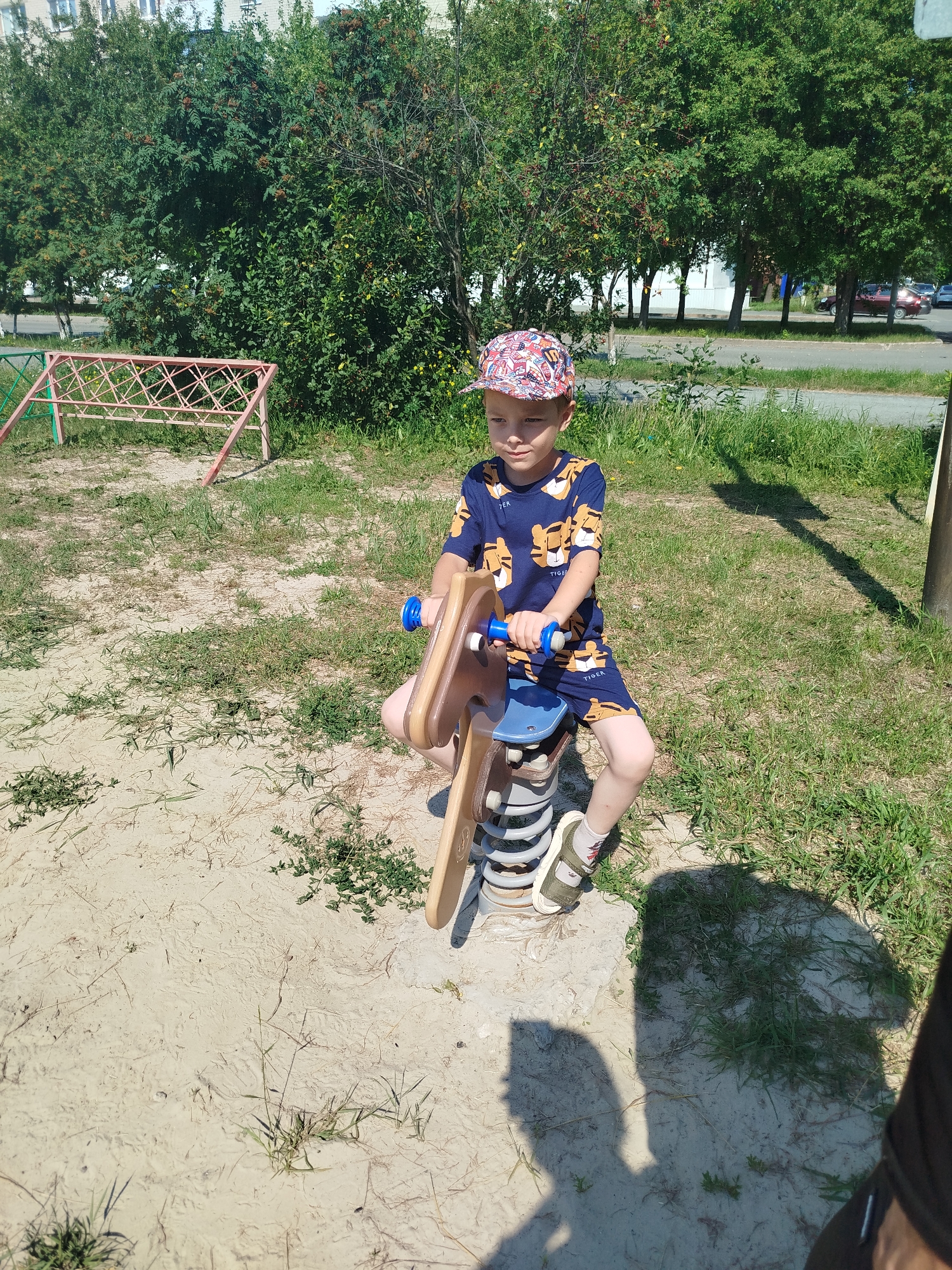 A young boy wearing a blue shirt with a tiger pattern and a multicolored cap is sitting on a wooden spring rider on a playground. The boy is holding onto the handlebars of the rider. The playground is covered in sand and grass, with trees and buildings in the background. A pink and green swing set is visible to the left of the boy. The scene appears to be a sunny day. The location is the city of Yalutorovsk, Russia.
