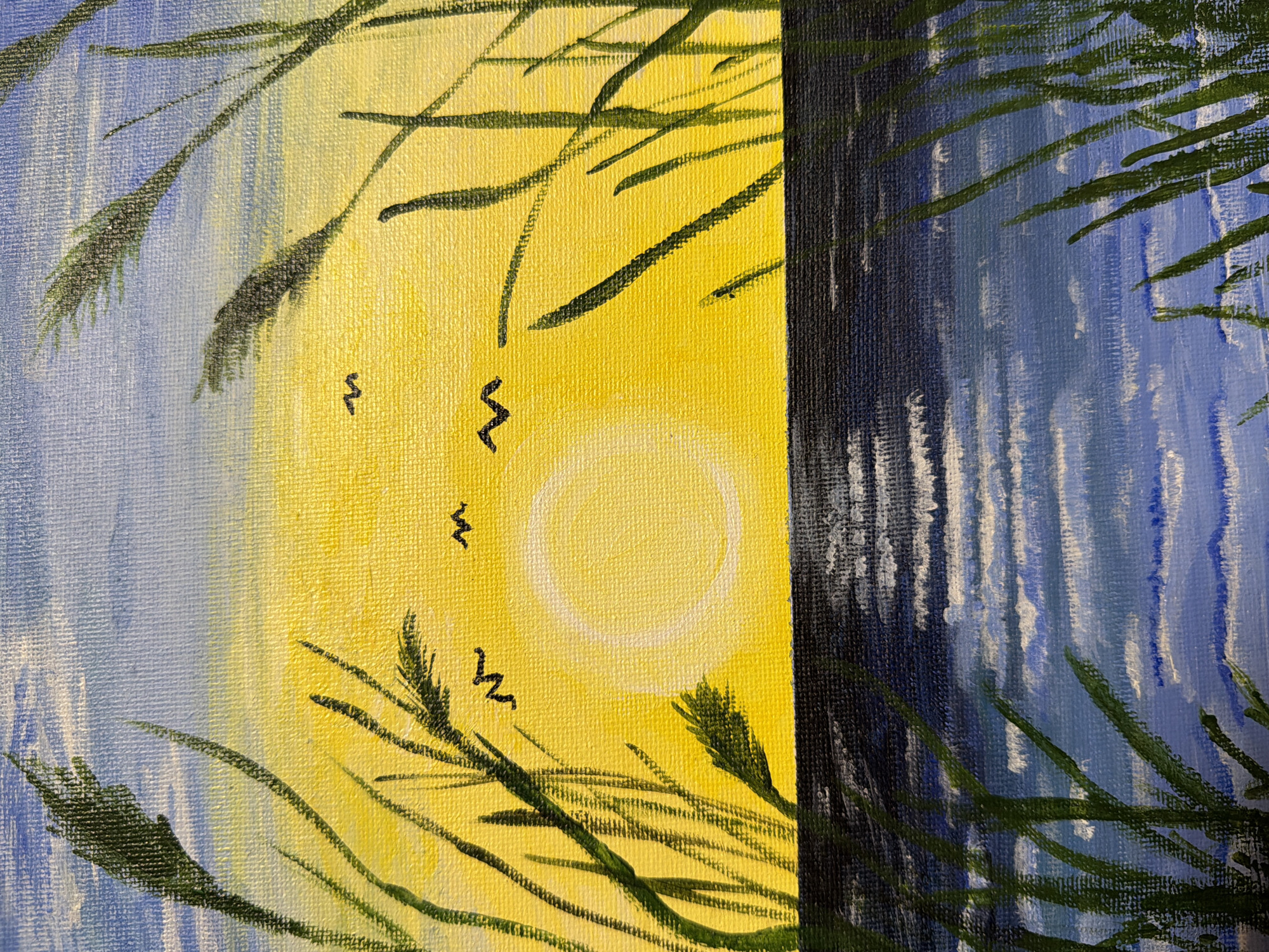 An acrylic painting depicts a serene sunset over a body of water, framed by tall green reeds. The sky is a vibrant gradient of blue and yellow, with the sun a bright, glowing orb casting a warm light. Several small, dark birds are silhouetted against the sky, adding a sense of movement to the scene. The water below is rendered in dark blues and grays, with white highlights suggesting ripples and reflections of the sunset. The reeds, painted in various shades of green, reach up from the foreground and edges of the canvas, creating a natural frame. The painting is textured, with visible brushstrokes adding depth and character to the artwork. There are no people present in the scene. The location is Unknown, Unknown.