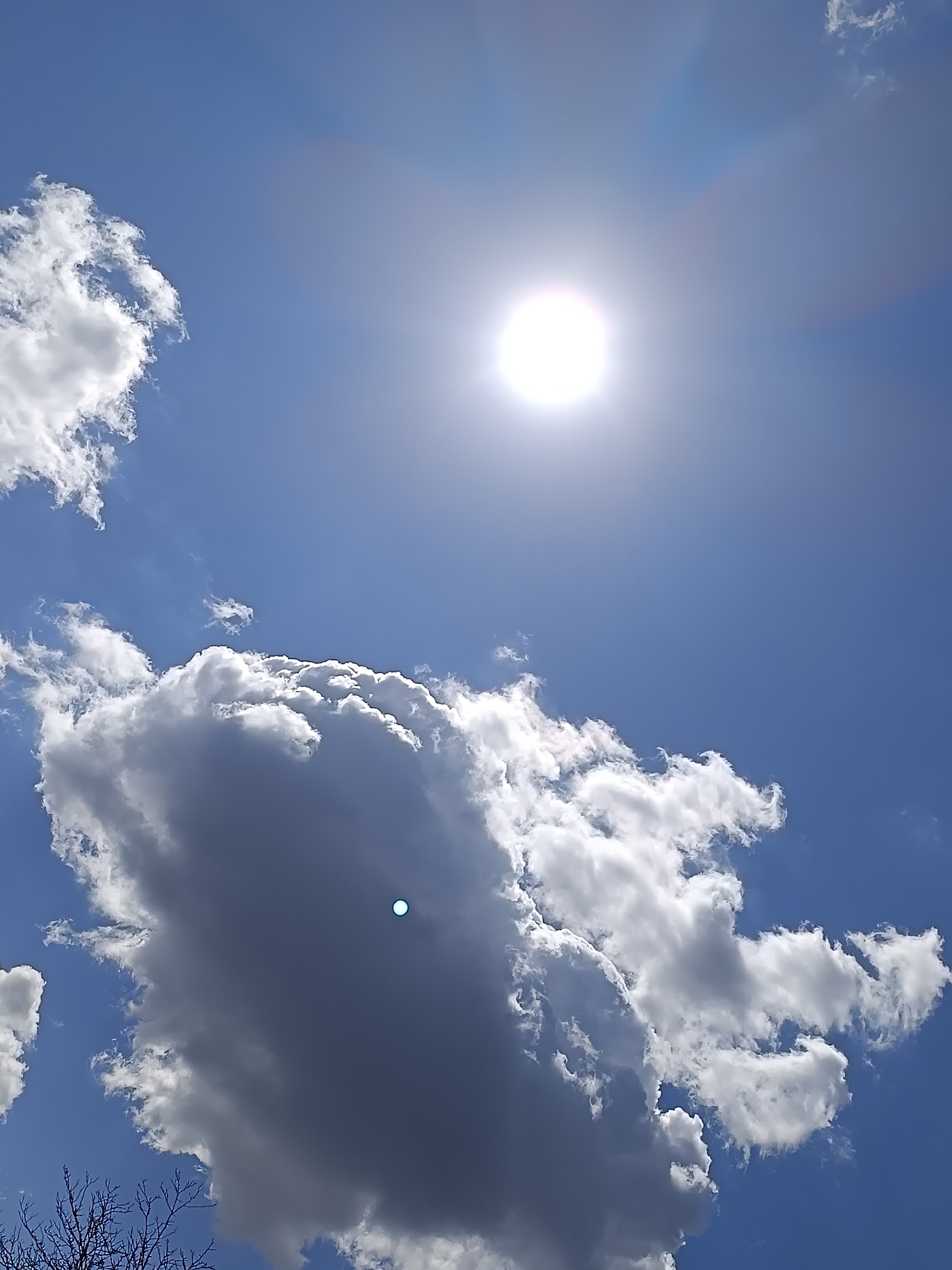 The image shows a bright, daytime sky with a few scattered cumulus clouds. The sun is prominently visible at the top of the image, radiating light. A large, dark grey cloud occupies the lower portion of the frame, obscuring some of the sunlight. The environment includes a blue sky with sunlight, with bare tree branches visible in the lower-left corner. The location in Sofia, Bulgaria is unknown.