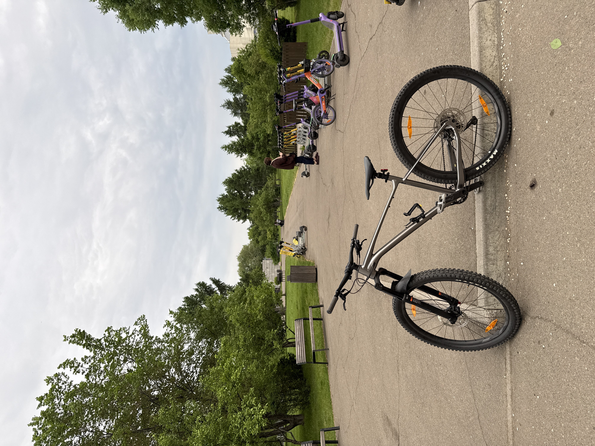The image depicts a park scene with a bicycle in the foreground and a row of electric scooters in the background. The bicycle is a grey mountain bike, parked on a paved pathway. Behind it, a person in a brown jacket is standing near the electric scooters, which are lined up along the path. The park is filled with greenery, including trees and grass, and there are park benches visible. The sky is overcast. This scene is consistent with areas like the Yenisei Embankment in Krasnoyarsk, Russia, where such recreational amenities are often found.
