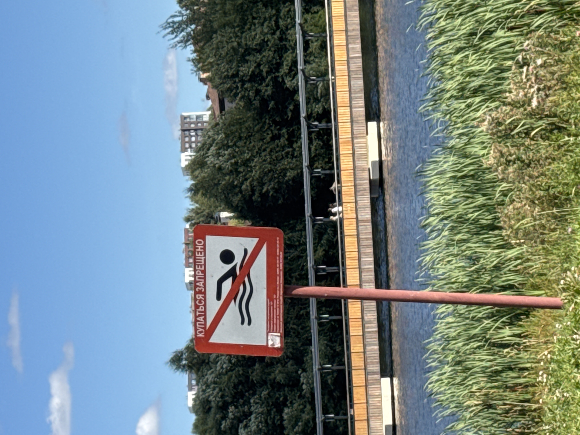 In Kommunarka, Russia, a "No Swimming" sign is posted on a red pole. The sign is white with a red border and a red diagonal line crossing it. A black silhouette of a person swimming is depicted on the sign, with waves beneath. In the background, a wooden bridge spans a body of water. Tall green reeds line the foreground, with scattered white flowers. Buildings and dense green trees are visible beyond the bridge. The sky is blue with scattered white clouds.