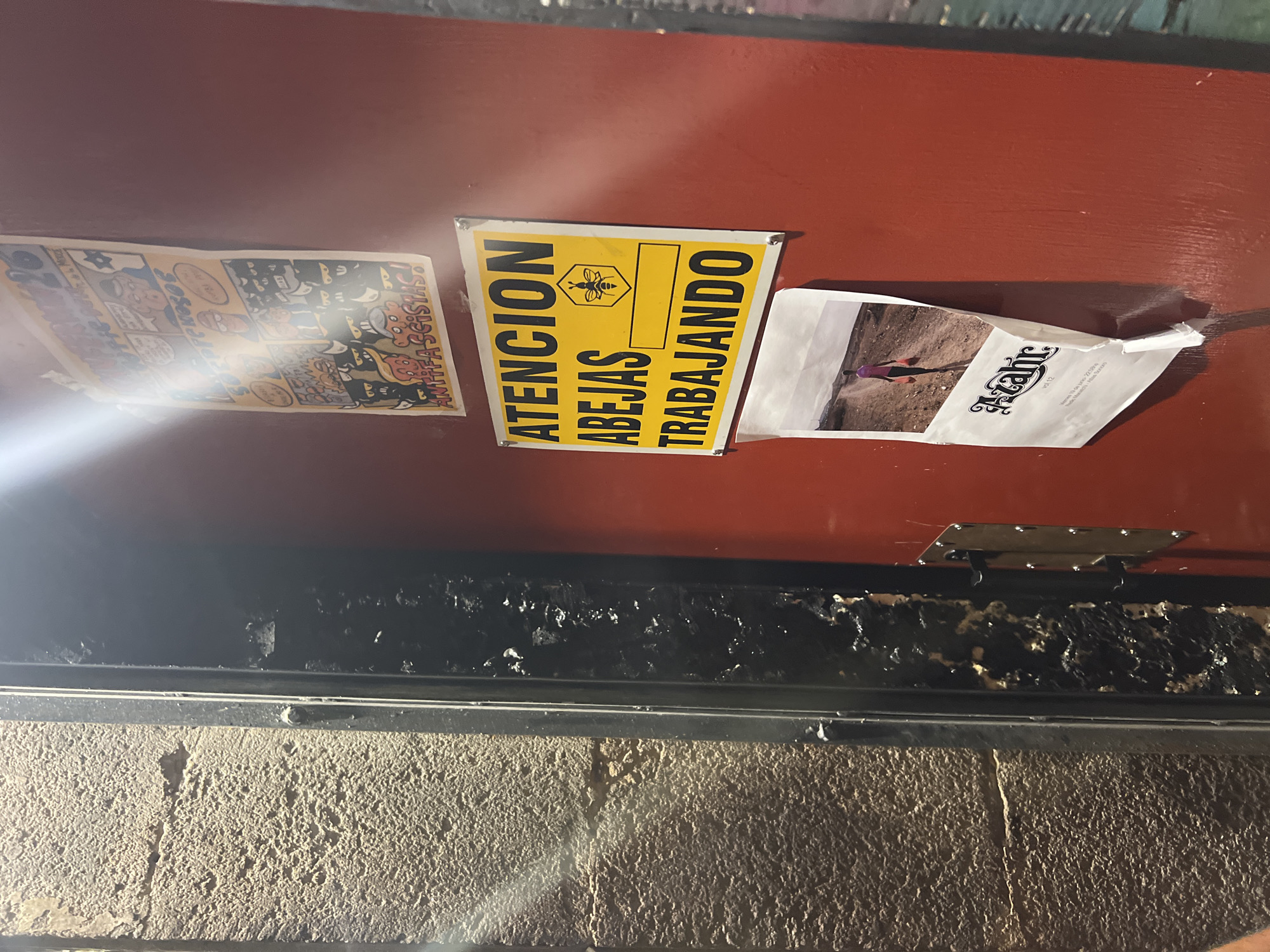 An exterior view of a red metal door shows a textured concrete wall to the left. A narrow black metal frame separates the wall from the door. Two posters are affixed to the door. The upper poster, partially obscured by glare, features a comic-style illustration with Spanish text. The lower poster is a yellow rectangular sign with black text that reads "ATENCION ABEJAS TRABAJANDO" and includes a bee emblem. Beneath this sign, a torn white paper with a photograph of a person walking in a landscape is also attached. The image is taken at night, with light casting a glare on the scene. Based on the context of the "ATENCION ABEJAS TRABAJANDO" sign, which is commonly used in Spain and particularly in Barcelona to warn of bee activity in urban areas, this scene is likely located in Barcelona, Spain.