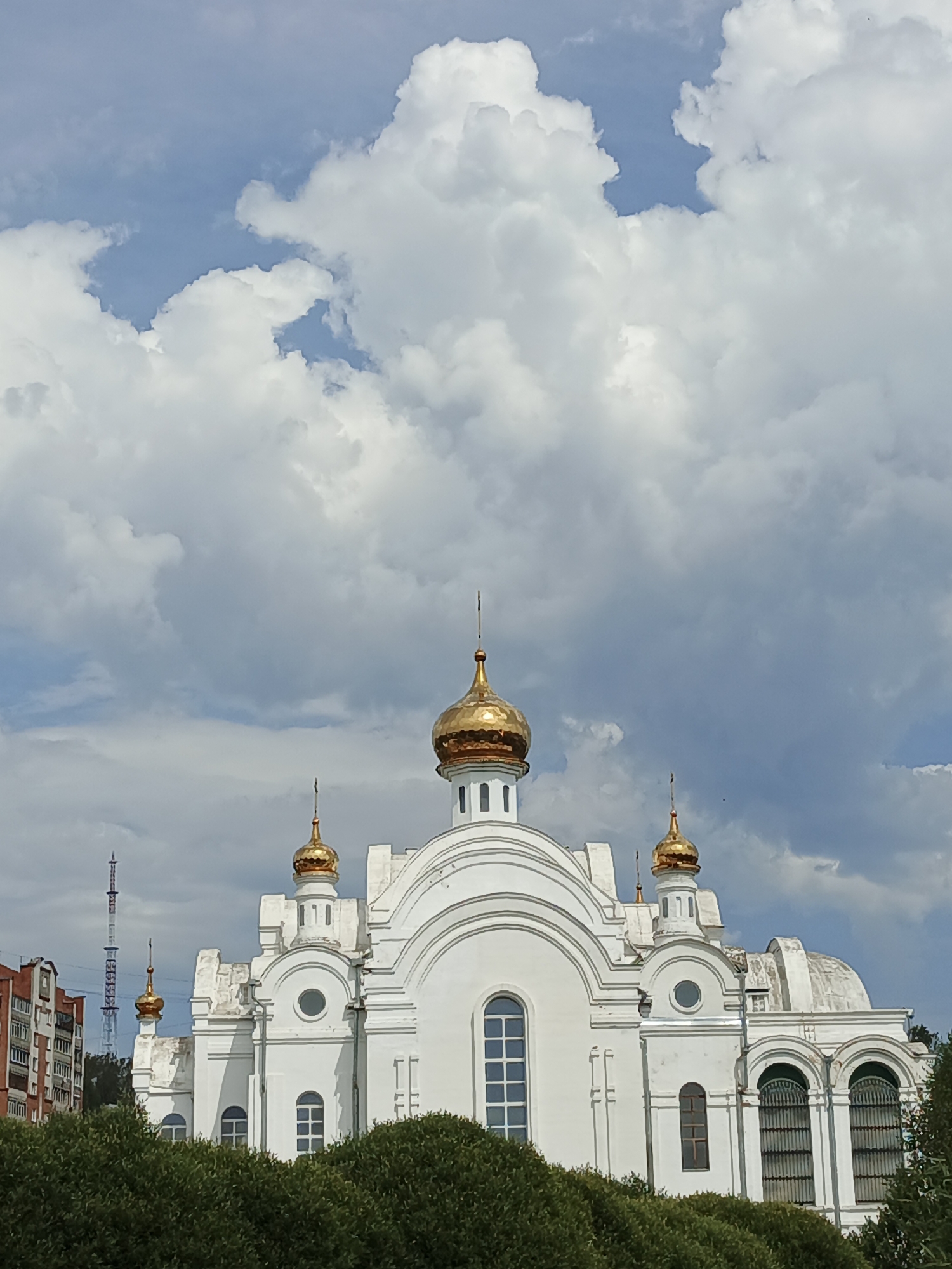 A white Orthodox church with golden domes stands prominently against a cloudy blue sky. The church features a large central dome and several smaller domes, each topped with a cross. The building has arched windows and decorative architectural elements. In the foreground, dense green foliage partially obscures the lower part of the church. To the left, a tall transmission tower and a red brick apartment building are visible, indicating an urban setting. The image captures a serene view of the church, suggesting it is a significant landmark in the city of Zlatoust, Russia.
