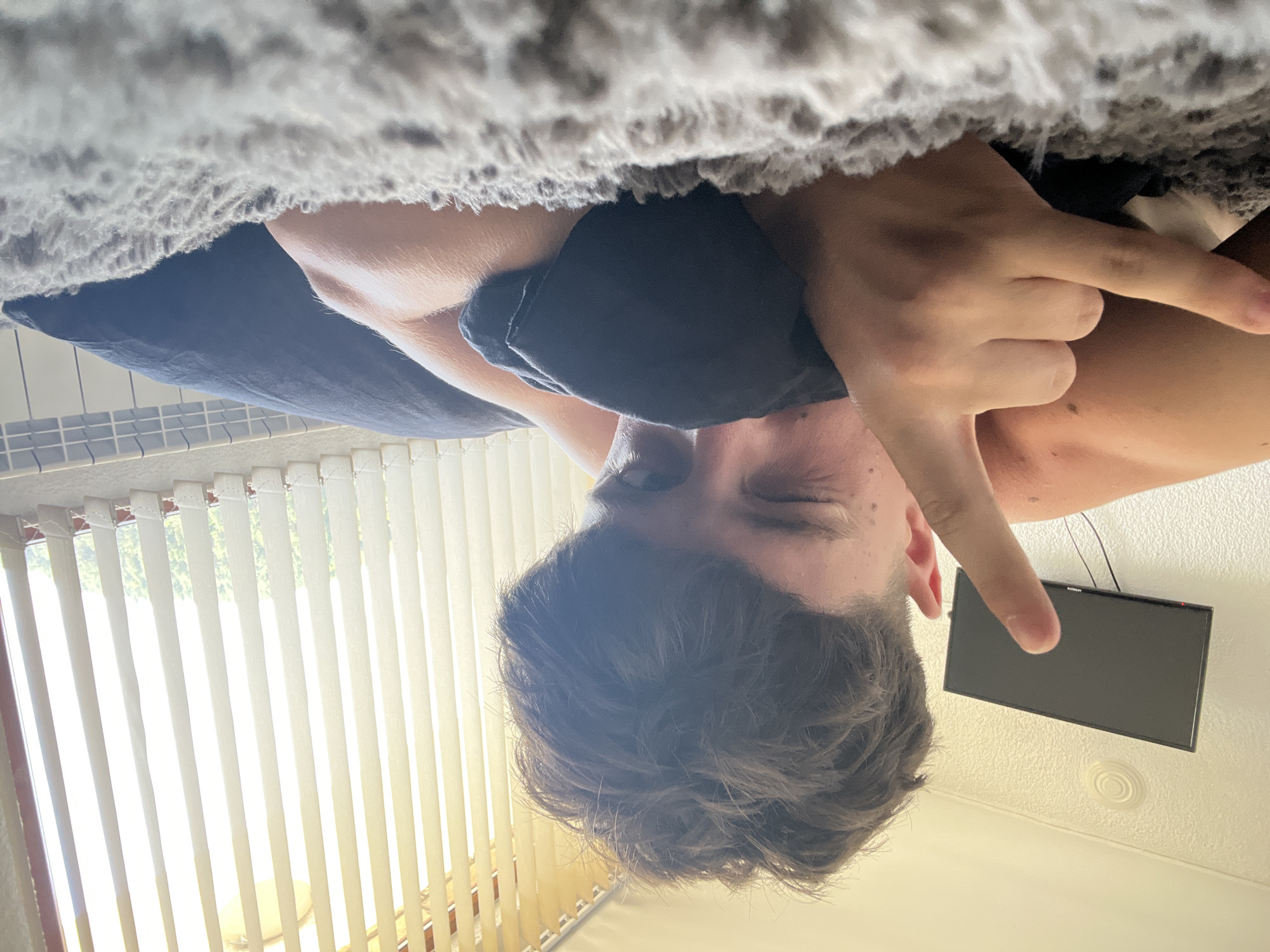 A young man is lying in bed, looking at the camera. He has dark, messy hair and is wearing a black t-shirt. He is making a peace sign with his right hand and a hang loose gesture with his left hand. He is winking at the camera. The bed has a gray, fluffy blanket. Behind him, there are vertical blinds that are open, revealing trees and sunlight outside. A black television is mounted on the wall to the left of the bed, and a radiator is visible along the wall behind the blinds. The lighting suggests it is daytime.