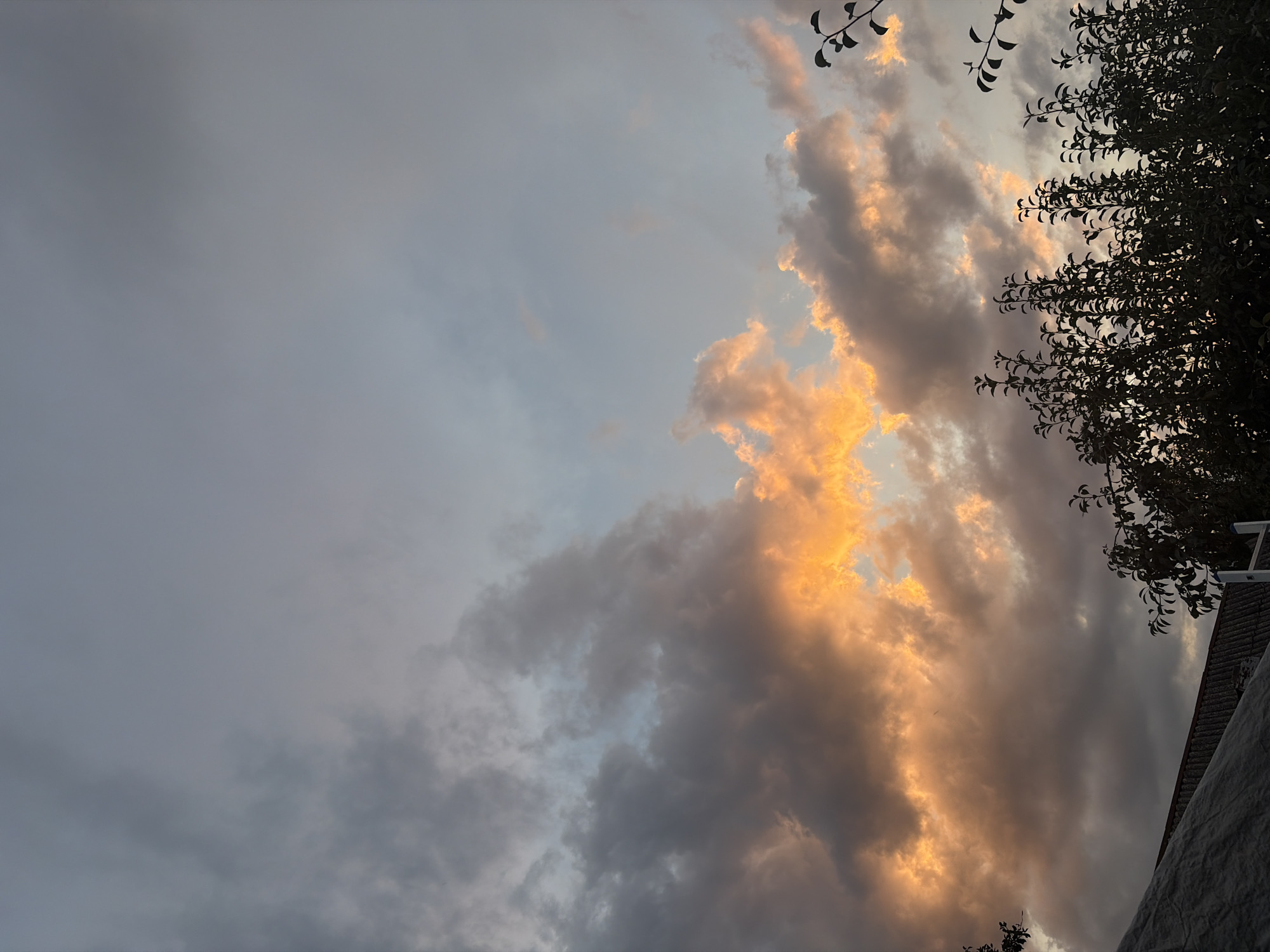 A wide shot captures a cloudy sky during what appears to be sunset or sunrise. The clouds are a mix of dark gray and light gray, with some illuminated by a bright orange glow. In the lower portion of the image, silhouetted dark green trees are visible against the sky. A portion of a grey roof is also visible at the bottom left.
