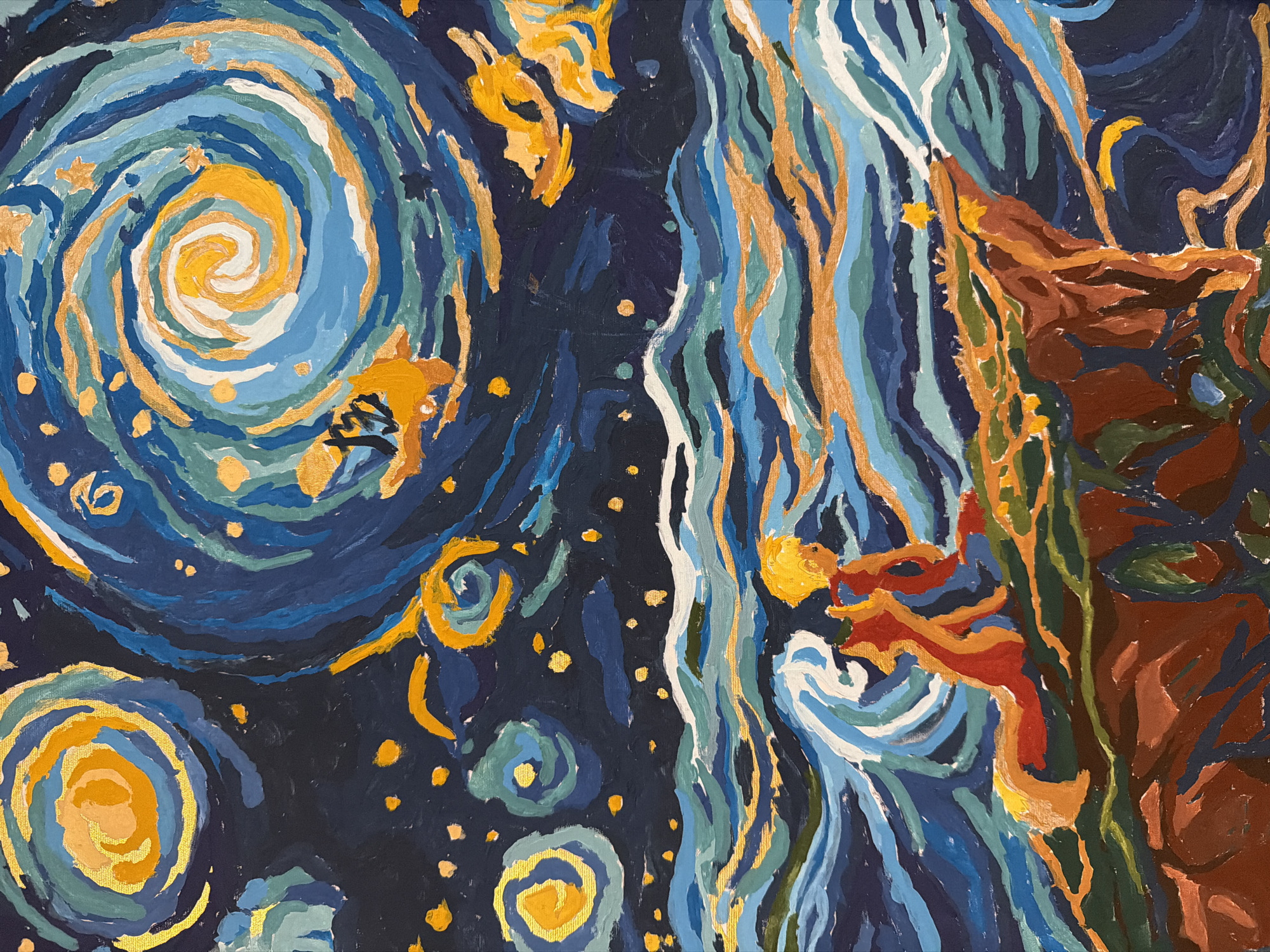 The painting depicts a starry night sky with swirling patterns of blues, yellows, and whites, reminiscent of Van Gogh's "Starry Night." Below the sky, a turbulent sea with waves of blues, greens, and whites is rendered. In the foreground, a figure with blond hair, wearing red and orange clothing, is seated on a cliff edge. The figure appears to be looking out at the sea and the sky. To the right of the seated figure, a small yellow star is visible on the cliff. The cliff itself is depicted in shades of brown and green. The overall style is impressionistic, with visible brushstrokes and vibrant colors. There is no indication of a specific city or location within the image itself.