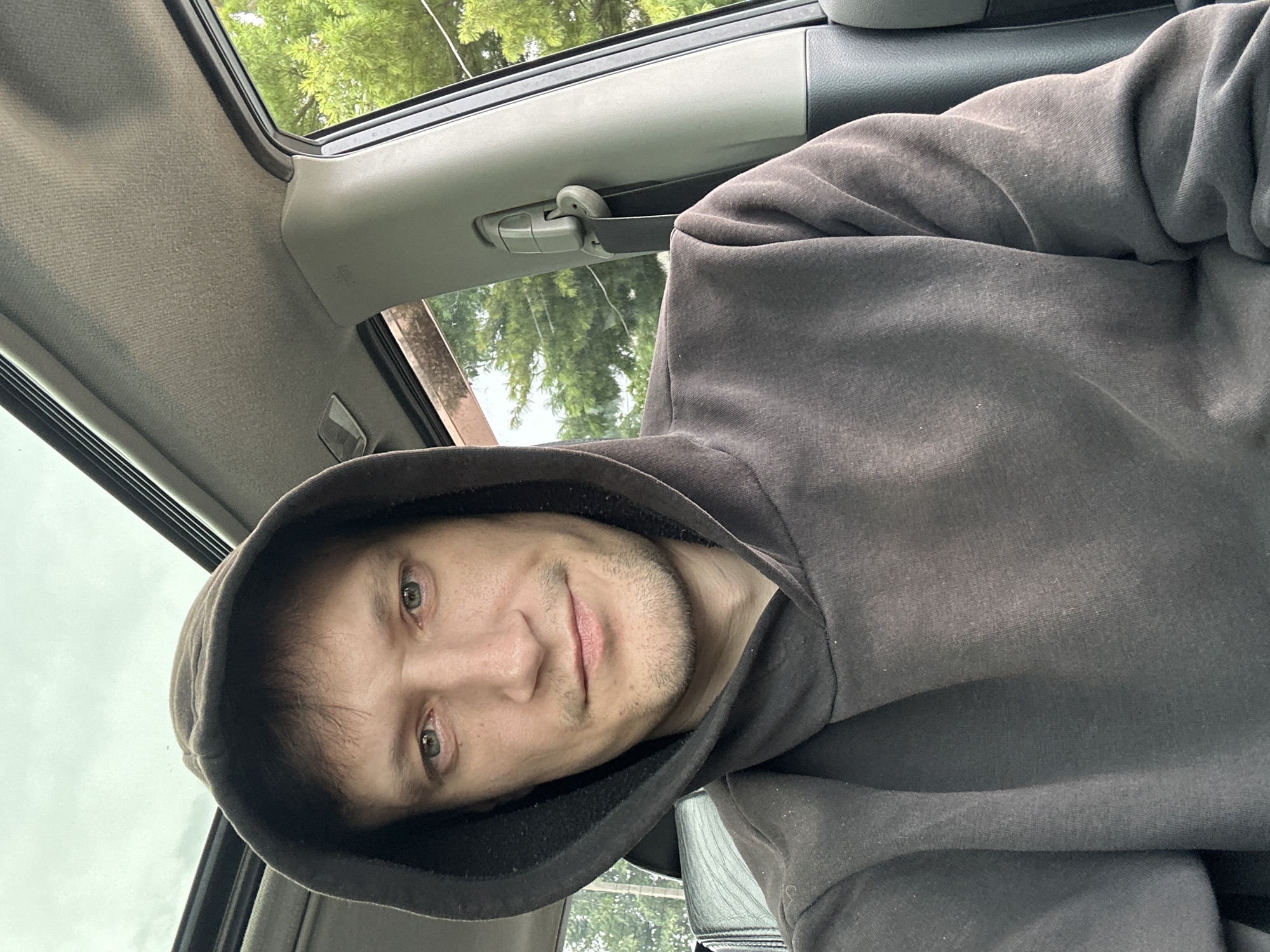 A young man is sitting in a car. He is wearing a dark hoodie. He is looking at the camera. The man has short brown hair and green eyes. He has a light beard. He is smiling slightly. The car has a sunroof and the sky is visible through it. Trees and foliage are visible outside the car. The man is sitting on the driver's side of the car. The image was taken during the day.