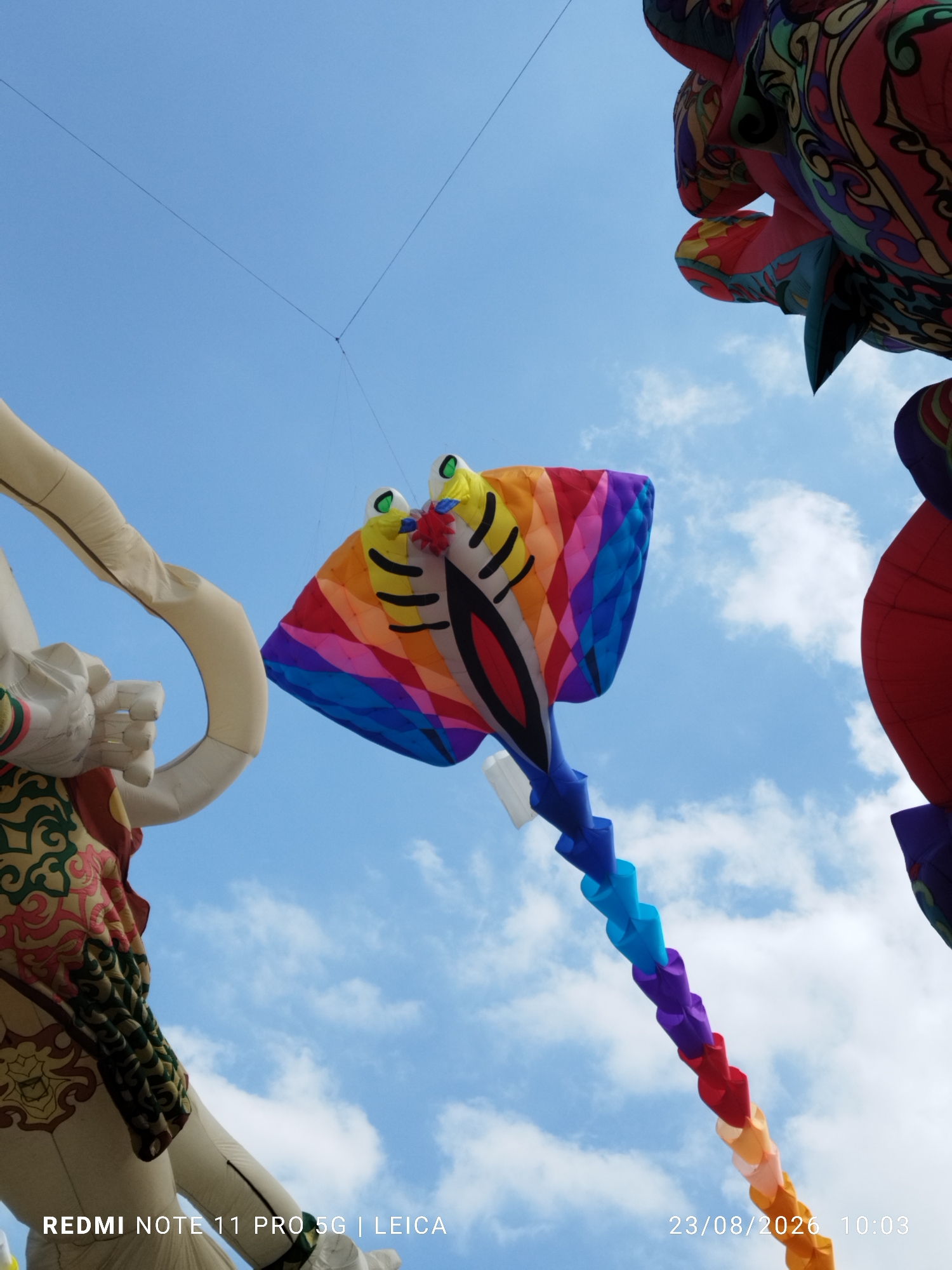 An upward-angle shot captures a vibrant sky filled with decorative kites and inflatable figures. In the foreground, a large, light-colored inflatable figure with a stylized arm and a circular opening is visible on the left. To the right of this, a colorful kite in the shape of a manta ray or stingray with a segmented rainbow tail dominates the center of the frame. Further to the right and partially visible, a large, red, and intricately patterned inflatable object, possibly a dragon head, is seen. The background consists of a clear blue sky with scattered white clouds. The bottom of the image includes a timestamp and text overlay indicating "23/08/2026 10:03" and "REDMI NOTE 11 PRO 5G | LEICA." The scene suggests an outdoor event or festival, possibly taking place in Parangtritis, Indonesia, given the kite culture prevalent in the region.
