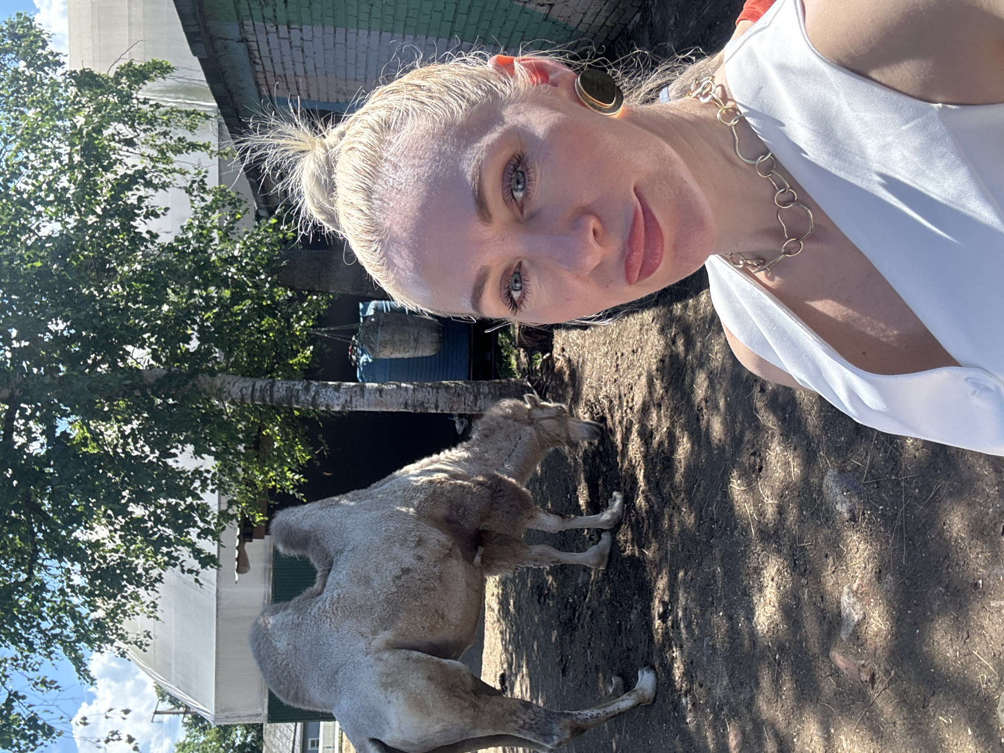 A woman with blonde hair in a bun and wearing a white top and a gold necklace takes a selfie with a camel in the background. The camel, with light-colored fur, is grazing on the ground. The scene appears to be outdoors, possibly at a zoo or animal enclosure, with trees and a brick building visible. The woman is in the foreground, smiling at the camera. The location is identified as Pavlovsk, Russia.
