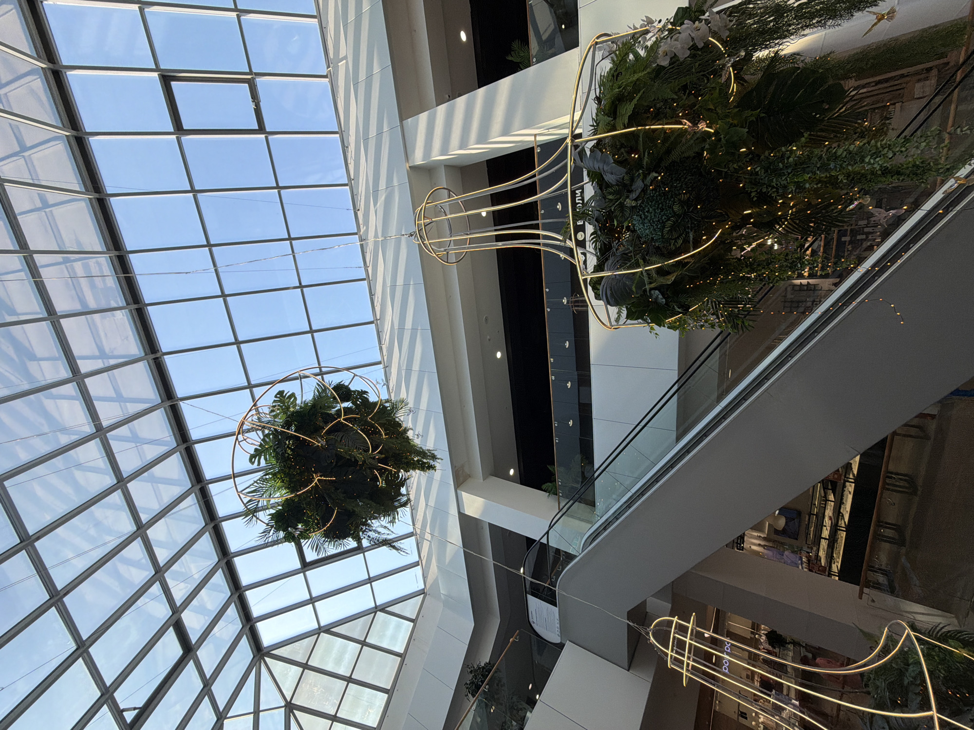The interior of a multi-level shopping mall in Izhevsk, Russia is captured from a low angle, looking upwards towards a glass grid ceiling that reveals a blue sky. Two decorative floral arrangements are suspended from the ceiling in ornate, wire-frame structures. One arrangement is in the upper left quadrant, while the other is positioned to the right, adjacent to an escalator. The escalator is white with glass side panels. Lower floors of the mall are visible with various shopfronts. The walls of the mall are primarily white, with black accents. Lighting from the shopping mall illuminates the plants.